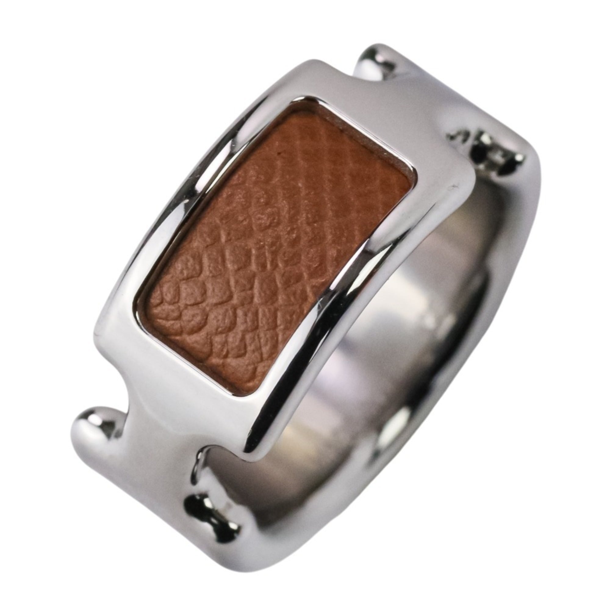 Hermes Silver Brown Leather Metal Band Ring (Pre-Owned)