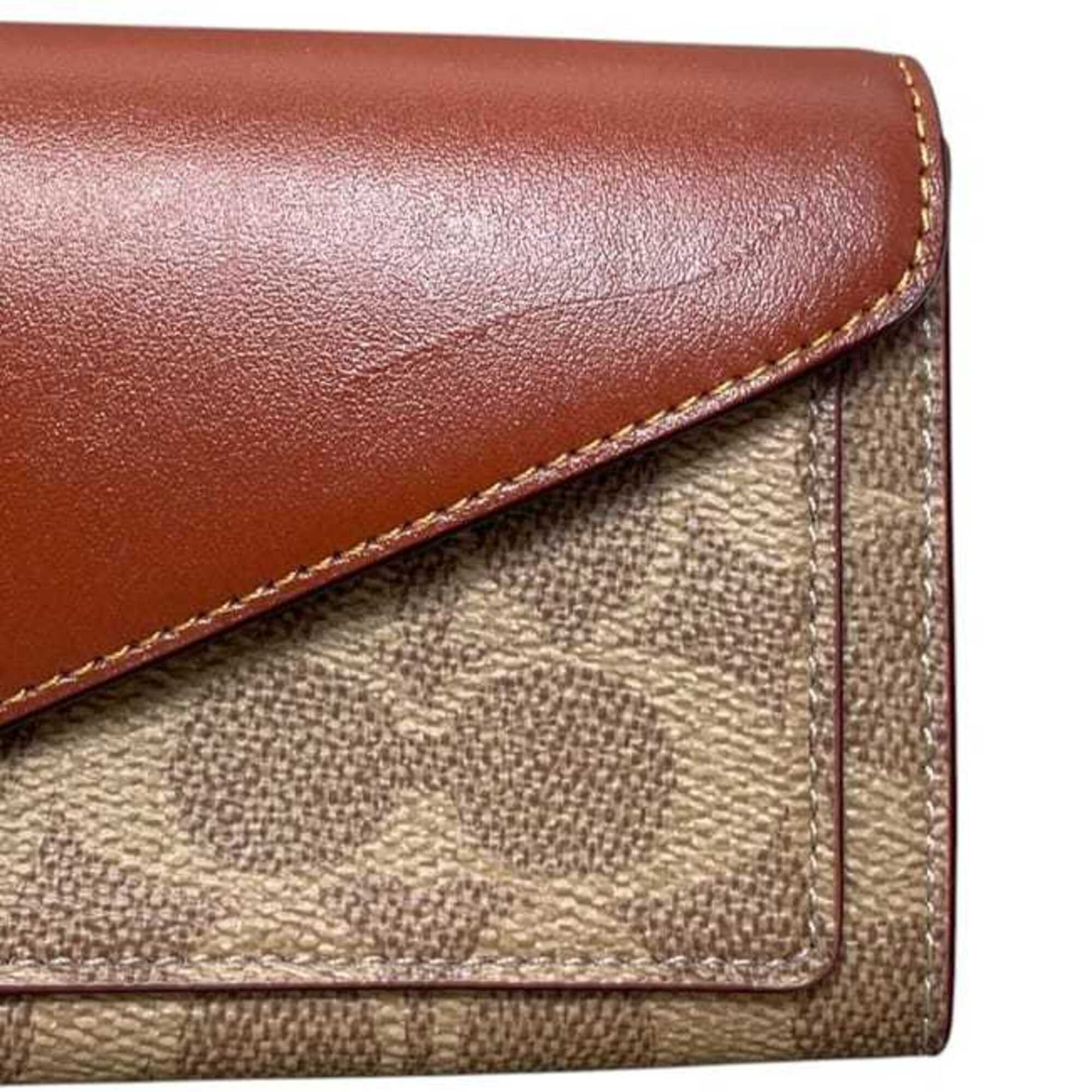 Coach Signature Beige Brown Signature Line Long Wallet (Bi-Fold) (Pre-Owned)