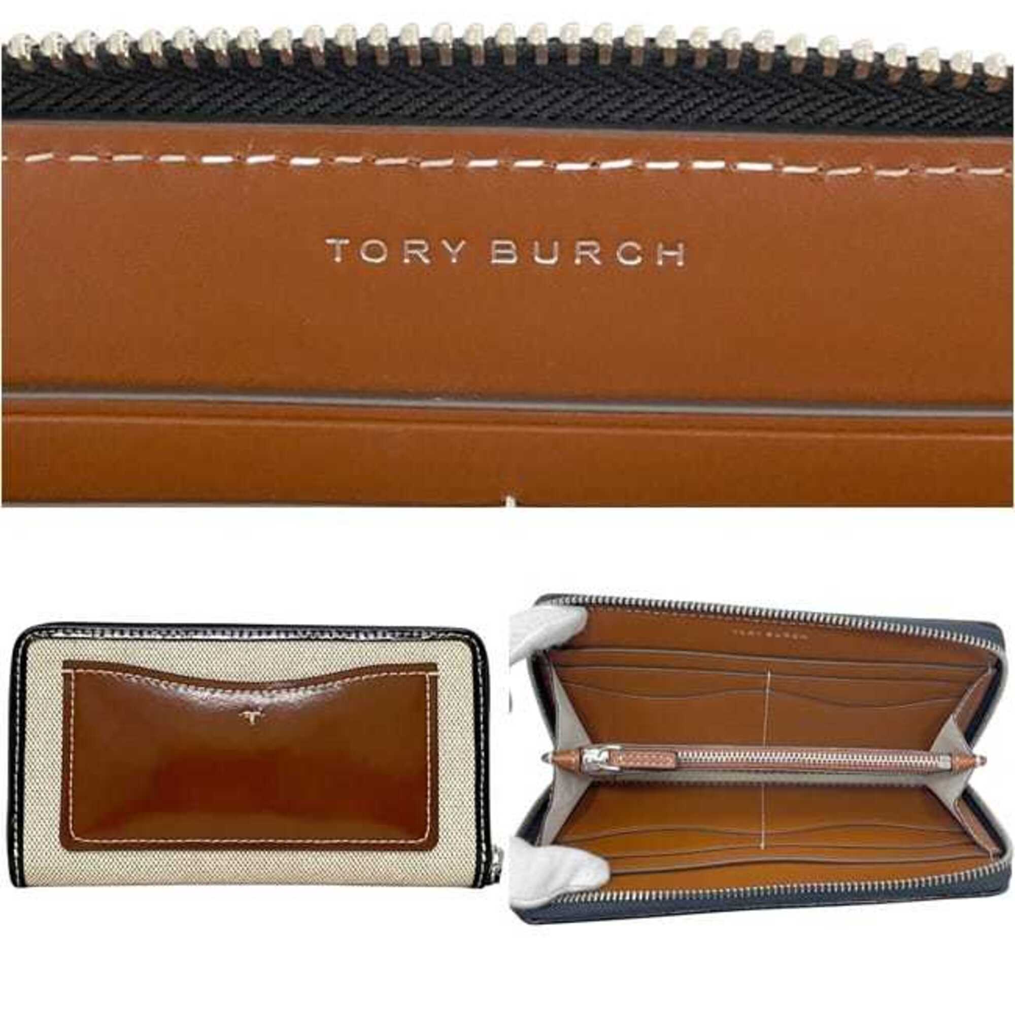 Tory Burch Black White Canvas Leather Long Wallet (Bi-Fold) (Pre-Owned)