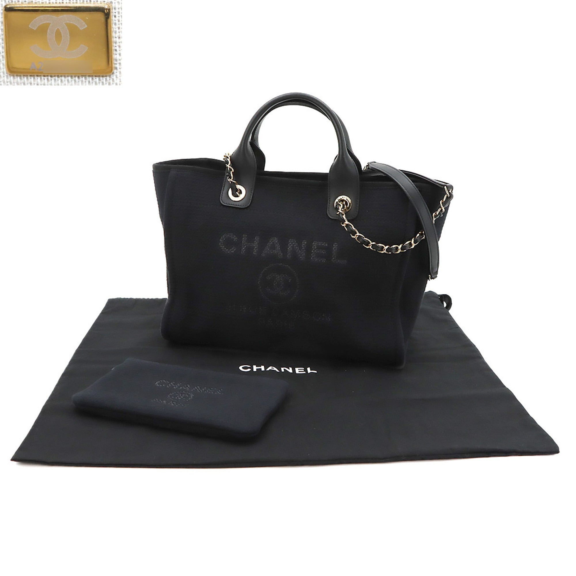 Chanel Black Canvas Leather Handbag Tote Bag (Pre-Owned)