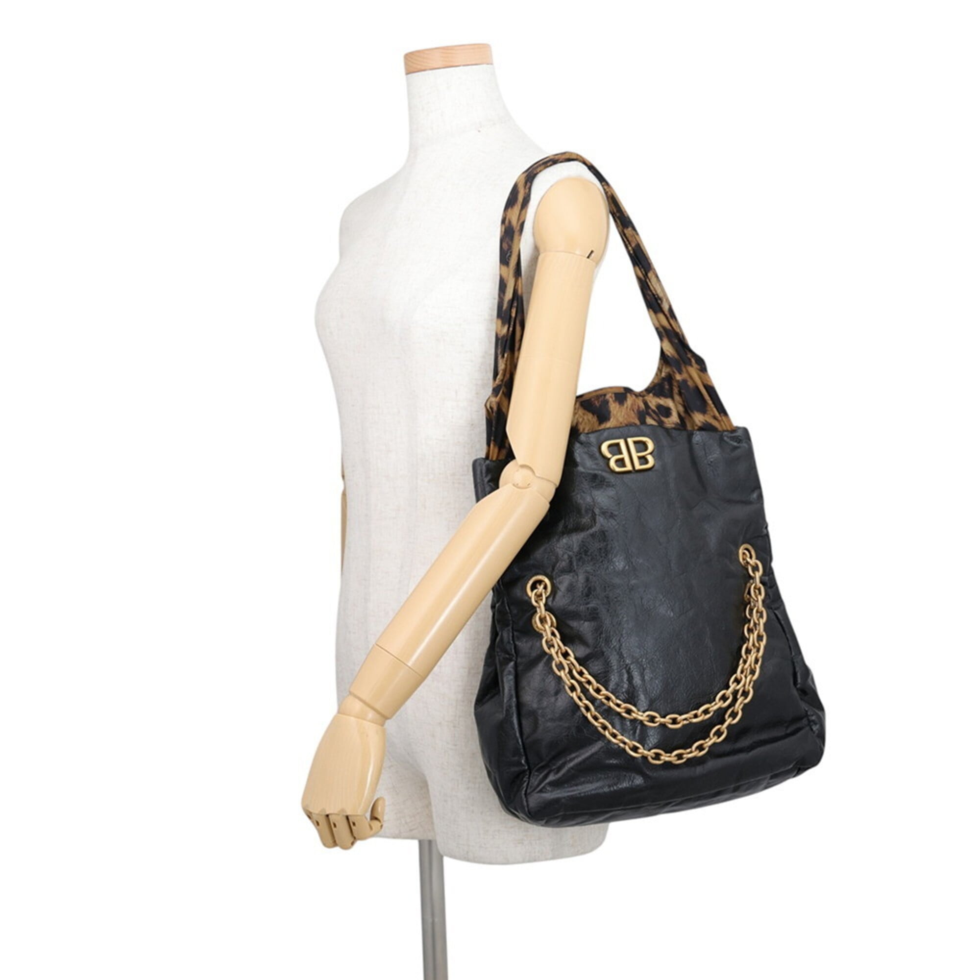 Balenciaga Black Brown Leather Nylon Handbag Shoulder Bag Tote Bag (Pre-Owned)