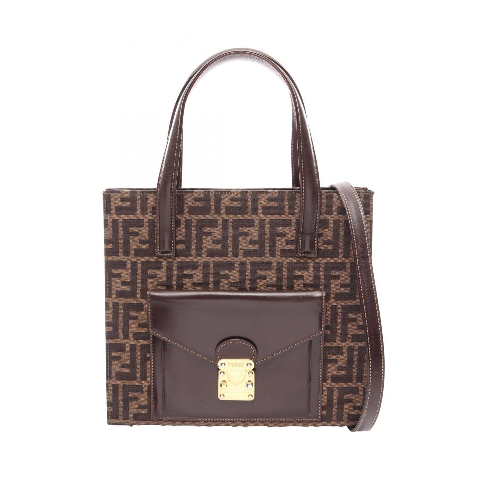 Fendi Black Brown Canvas Leather Handbag Tote Bag (Pre-Owned)