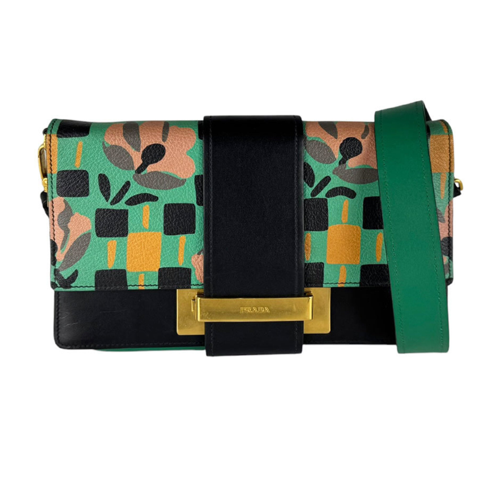 Prada Black Green Leather Shoulder Bag (Pre-Owned)