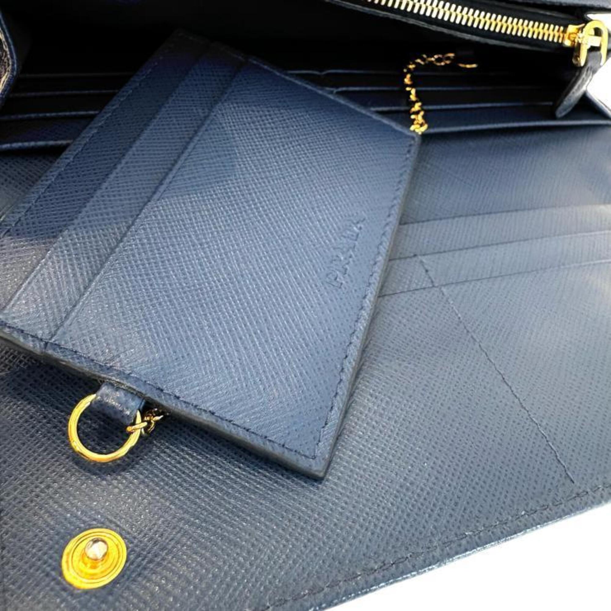 Prada Bluette Navy Saffiano Metal Long Wallet (Bi-Fold) (Pre-Owned)