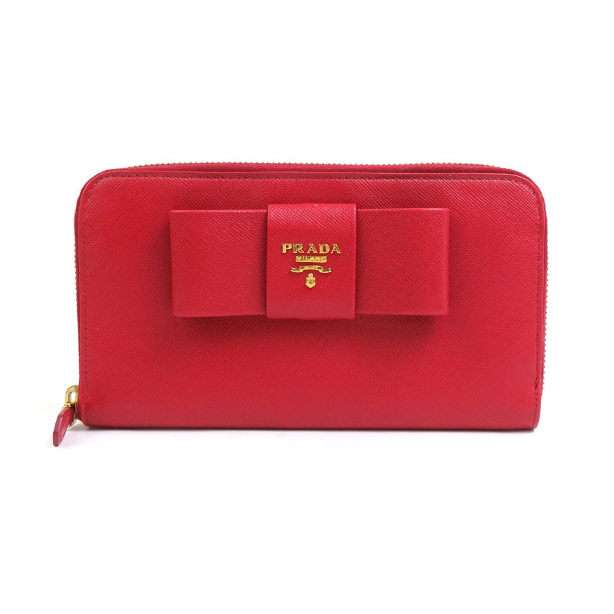 Prada Red Color Leather Long Wallet (Bi-Fold) (Pre-Owned)