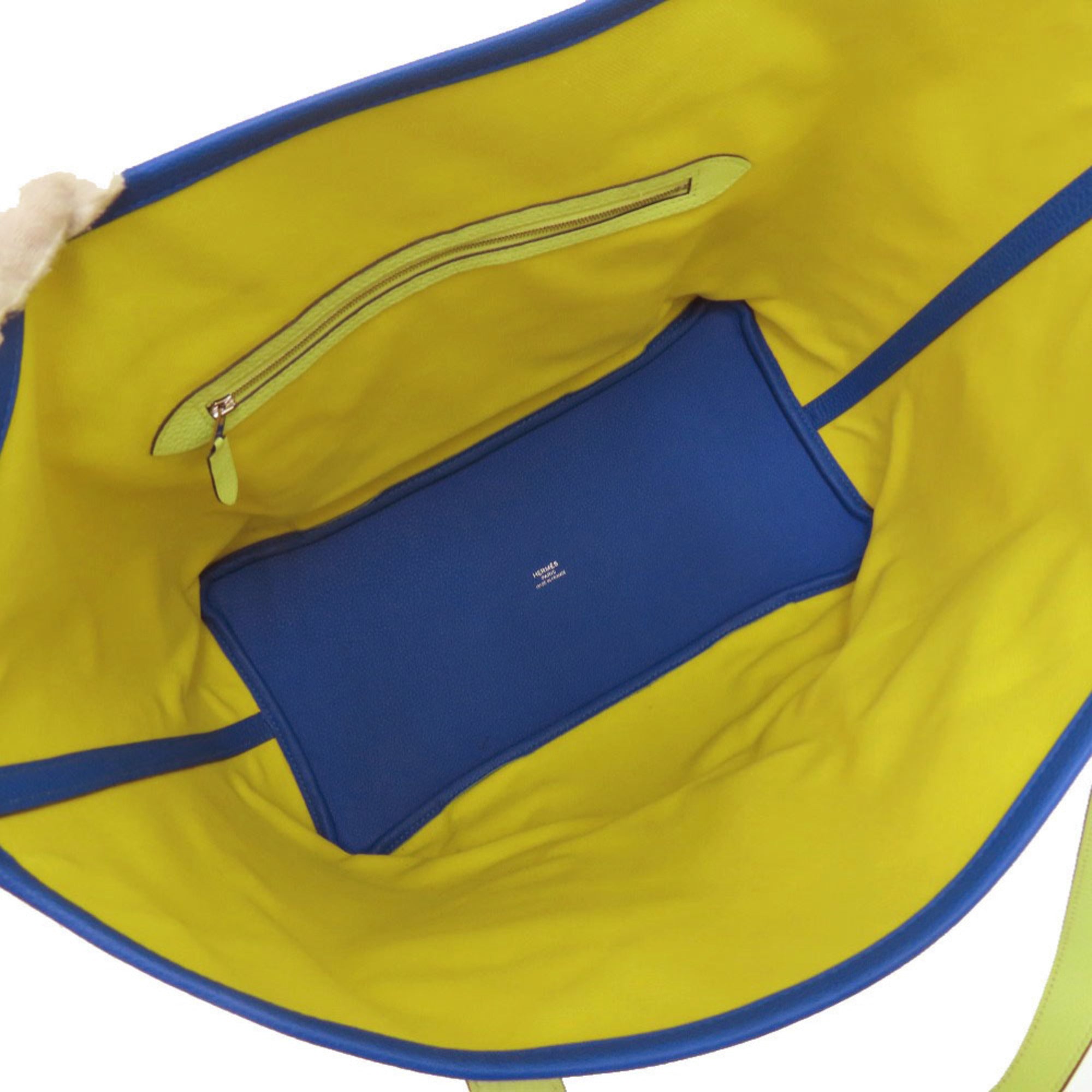 Hermes Blue Hydra Lime Yellow Taurillon Clemence Leather Tote Bag (Pre-Owned)