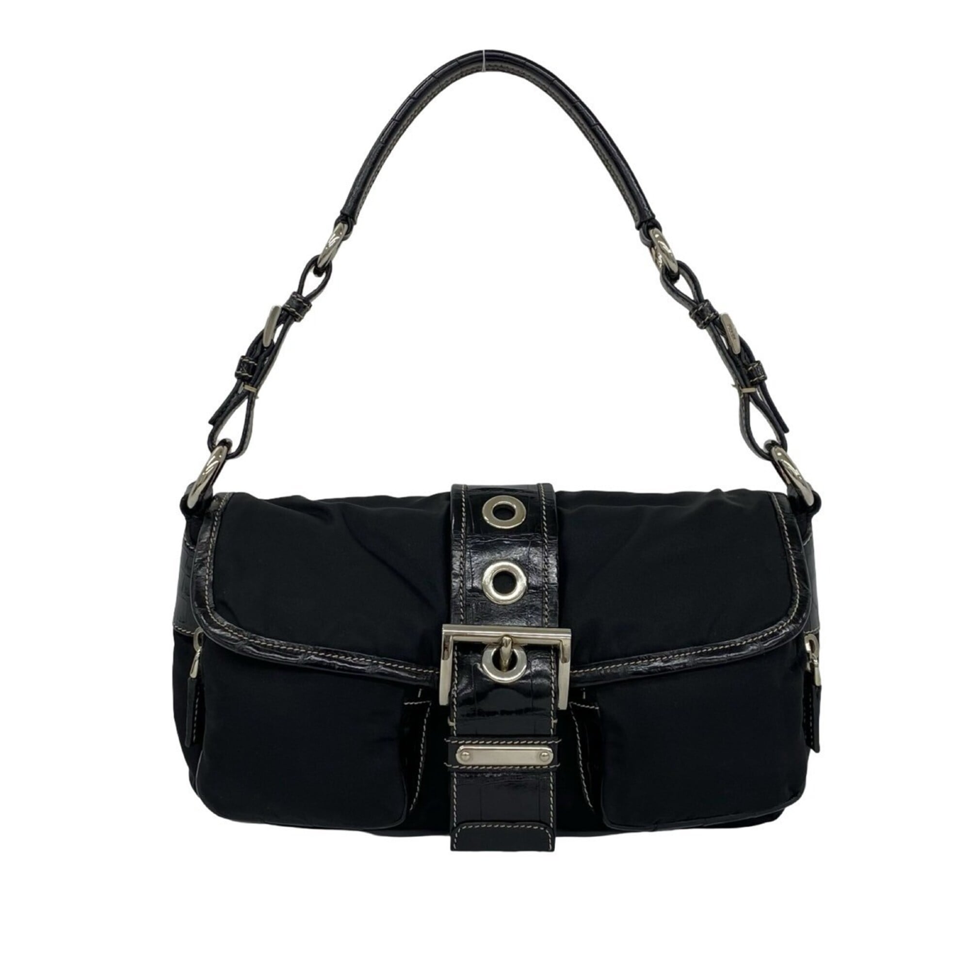 Prada Black Leather Nylon Handbag Shoulder Bag (Pre-Owned)