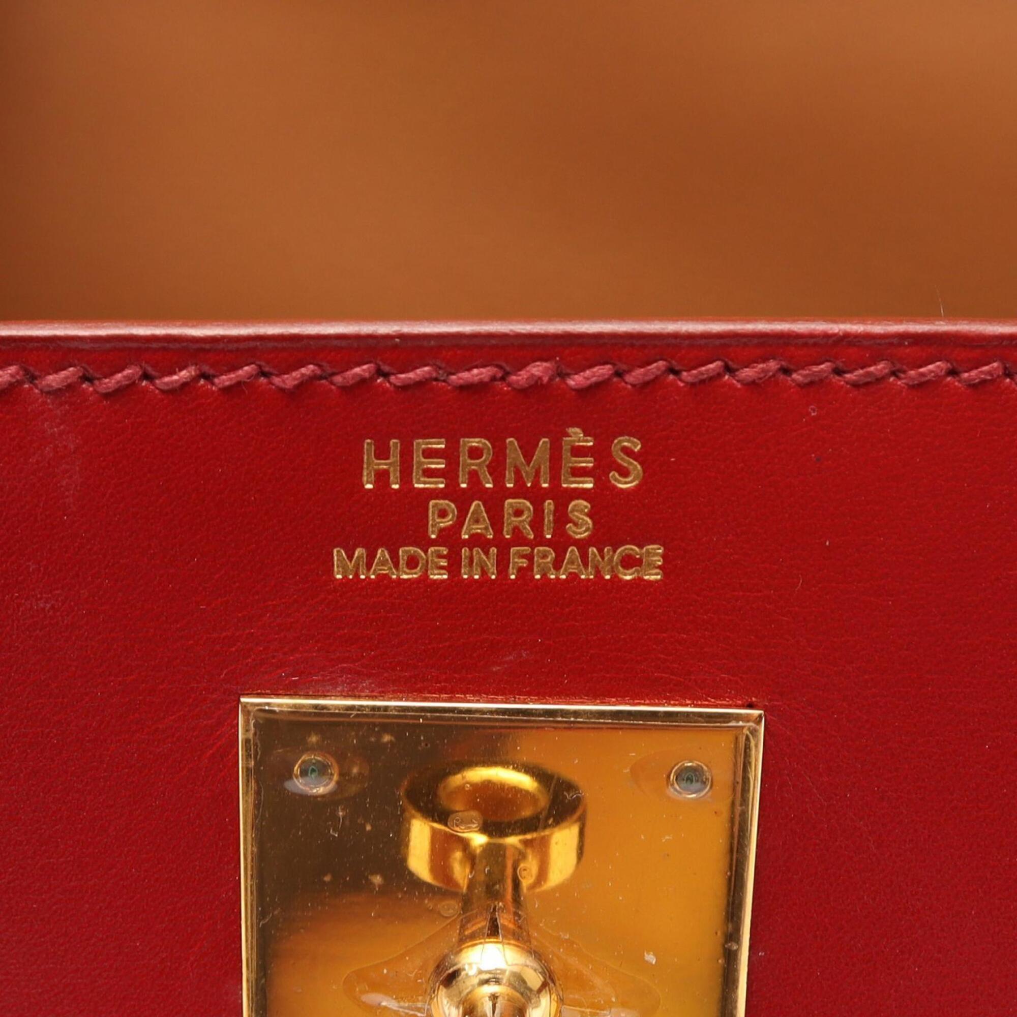 Hermes Bordeaux Brown Red Color Box Calf Leather Leather Handbag (Pre-Owned)