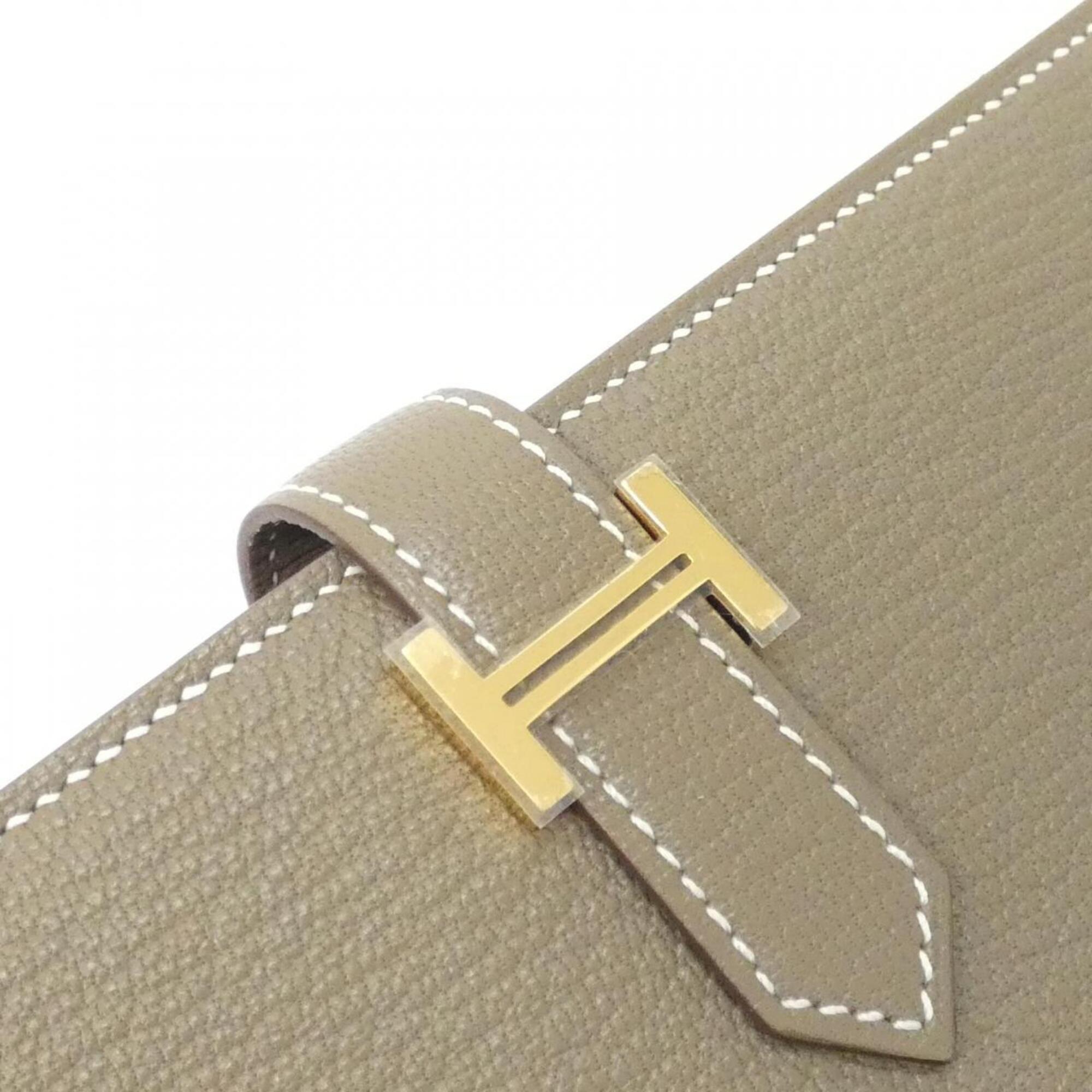 Hermes Beige Etoupe Gray Chevre Leather Long Wallet (Bi-Fold) (Pre-Owned)