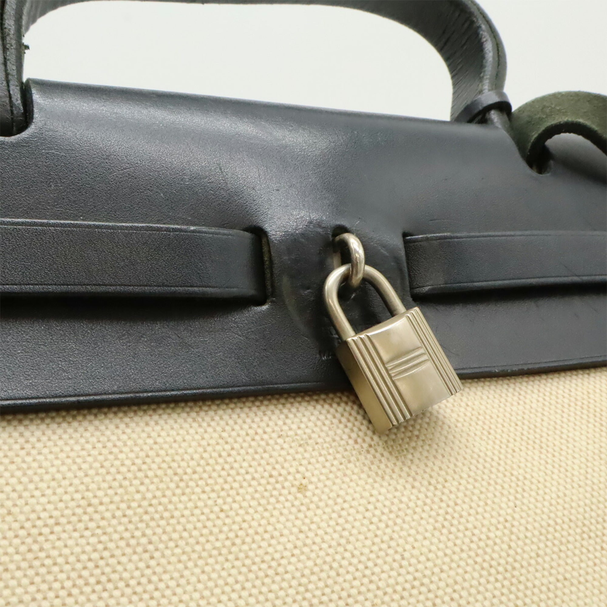 Hermes Her Bag Black Natural Toile H Toile Officier Leather Handbag Shoulder Bag (Pre-Owned)