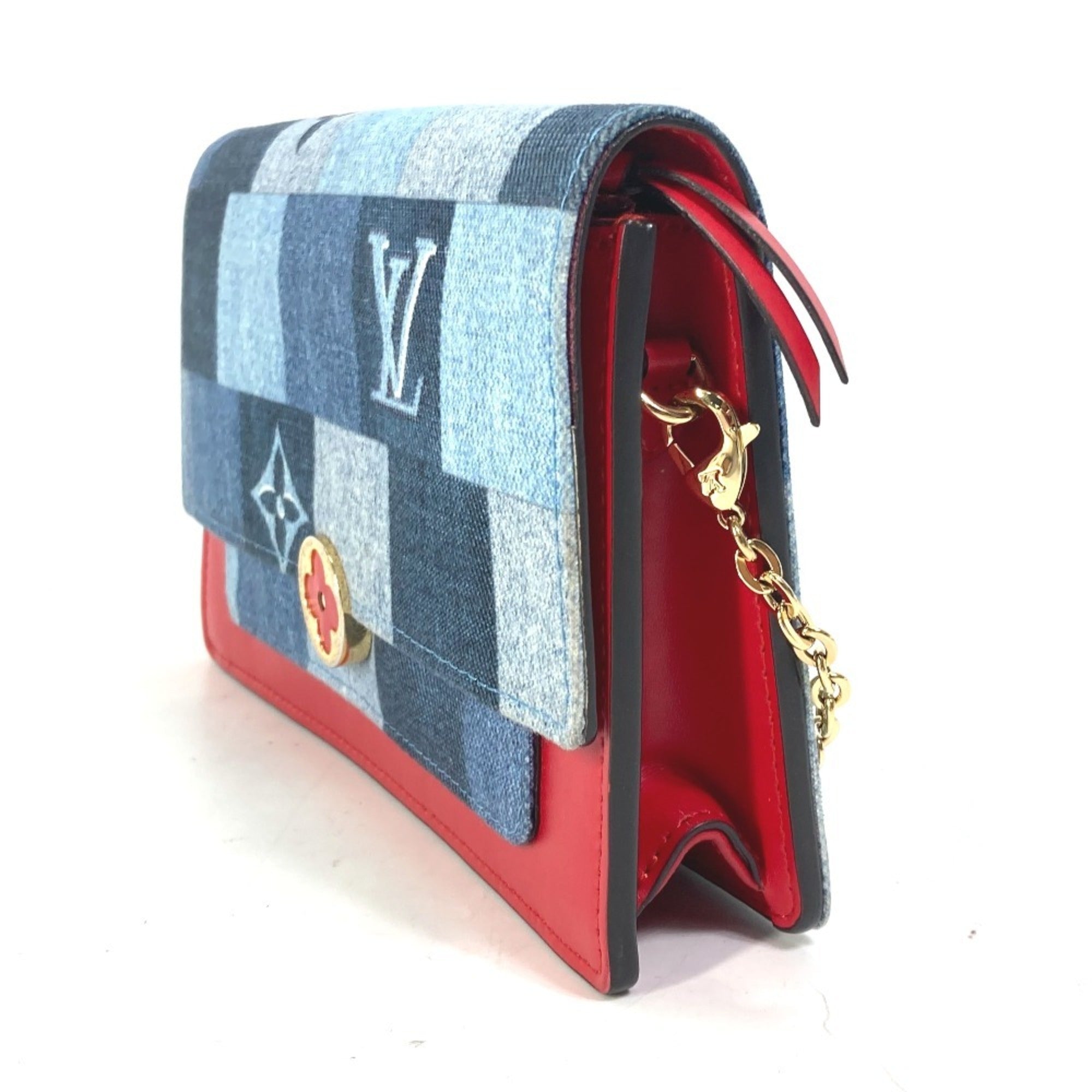 Louis Vuitton Monogram Denim Blue Red Color Monogram Denim Chain/Shoulder Wallet (Pre-Owned)