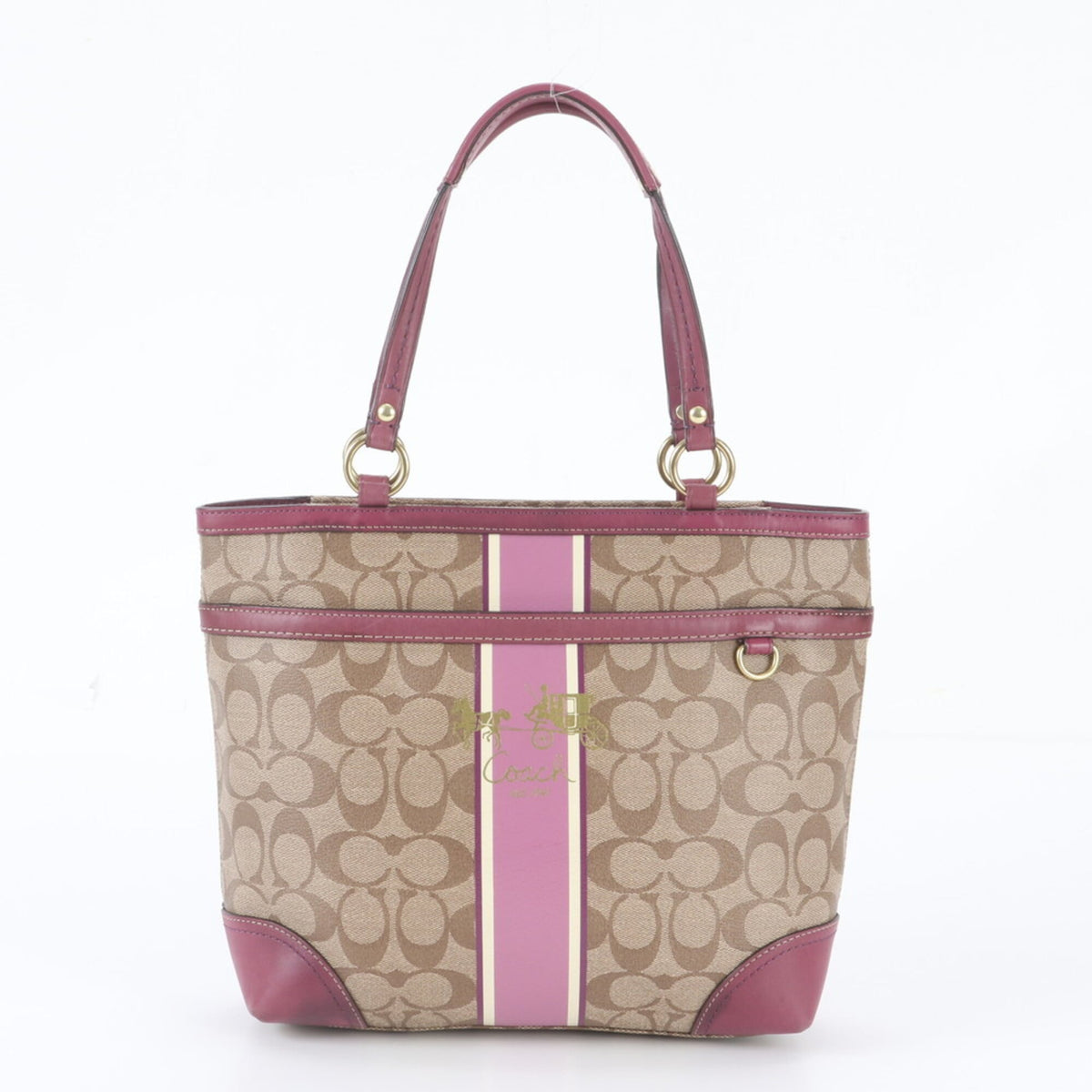 Coach Beige Purple Leather Coated Canvas Handbag Shoulder Bag Tote Bag (Pre-Owned)