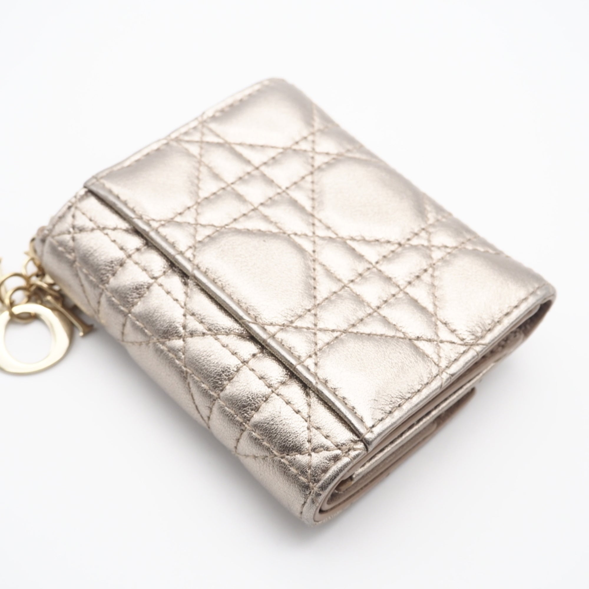 Christian Dior Lady Dior Gold Leather Wallet (Tri-Fold) (Pre-Owned)