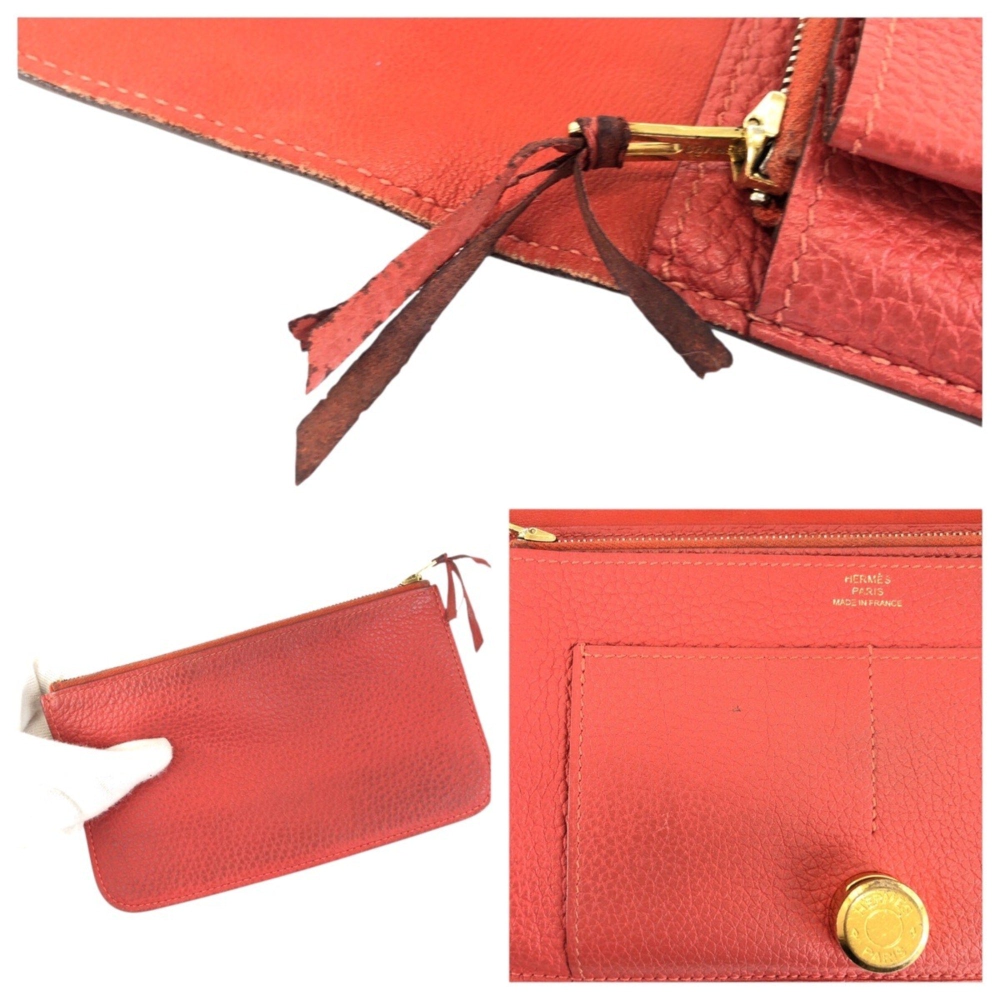 Hermes Red Color Togo Leather Long Wallet (Bi-Fold) (Pre-Owned)