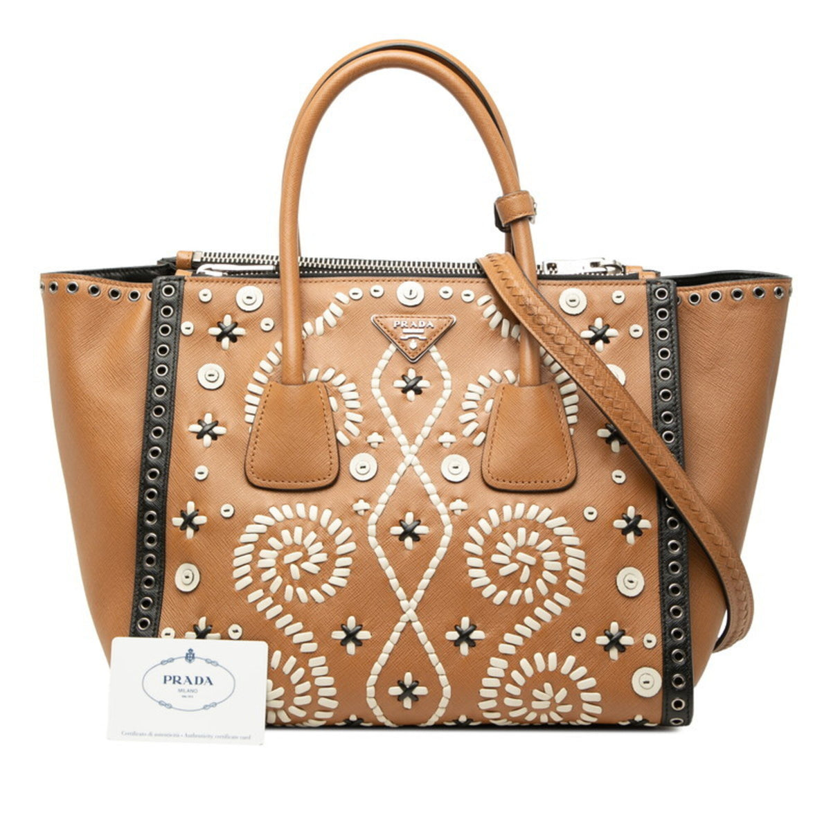 Prada Brown White Saffiano Leather Handbag Shoulder Bag (Pre-Owned)