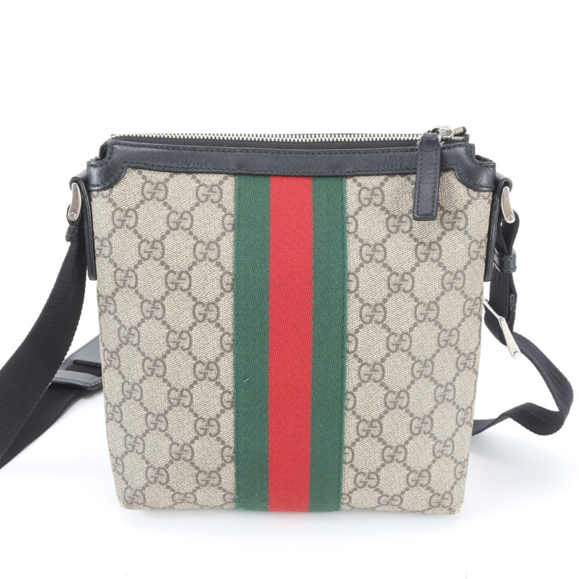 Gucci Beige Black Red Color Leather Coated Canvas Messenger Bag Shoulder Bag (Pre-Owned)