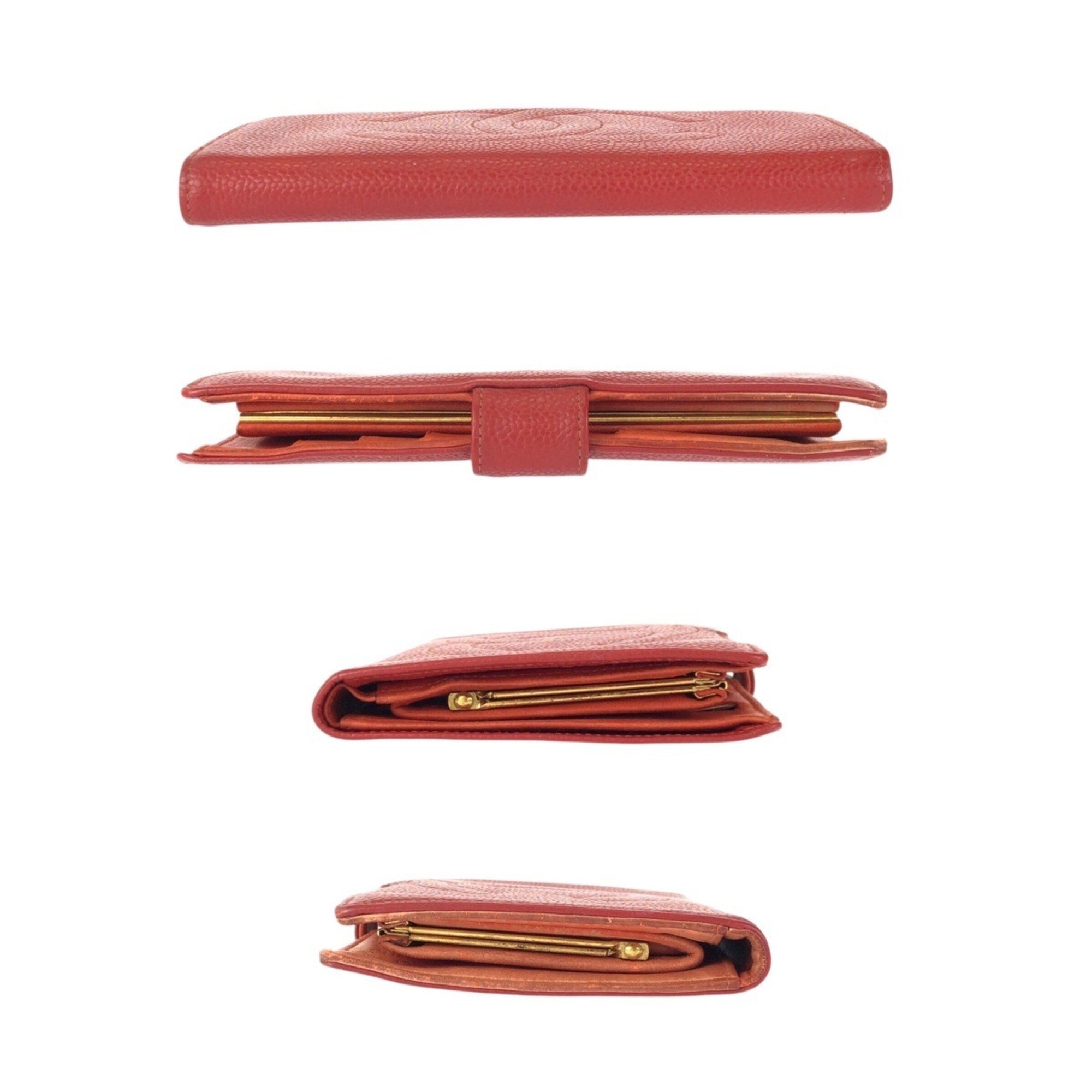 Chanel Red Color Grained Calfskin Middle Wallet (Bi-Fold) (Pre-Owned)