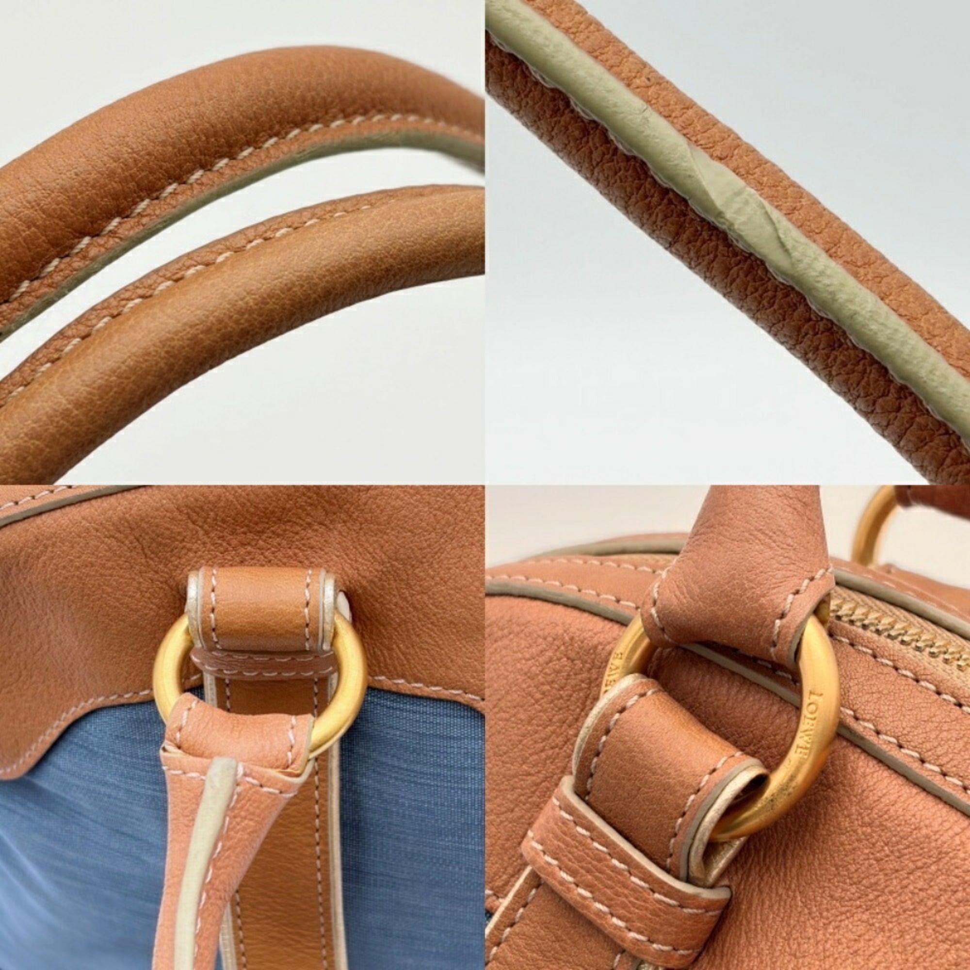 Loewe Beige Blue Nylon Leather Boston Bag Tote Bag (Pre-Owned)