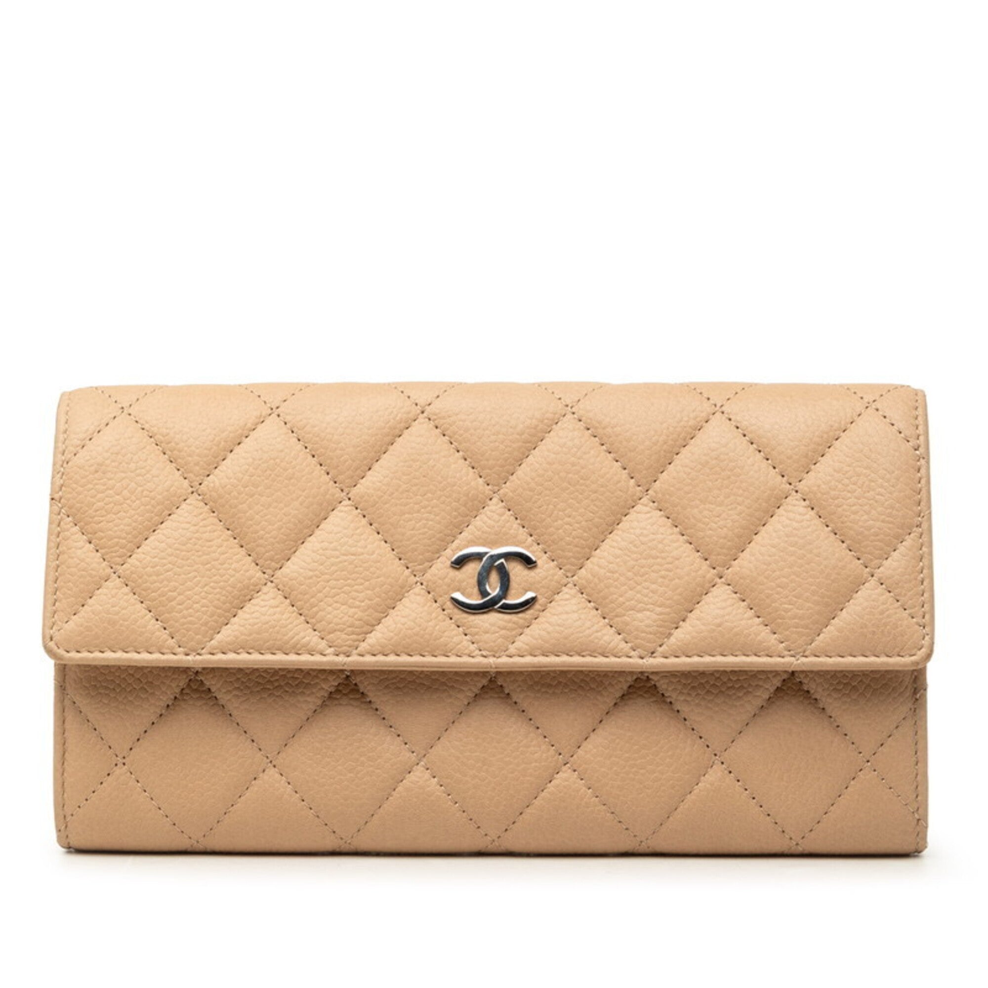 Chanel Beige Grained Calfskin Long Wallet (Bi-Fold) (Pre-Owned)