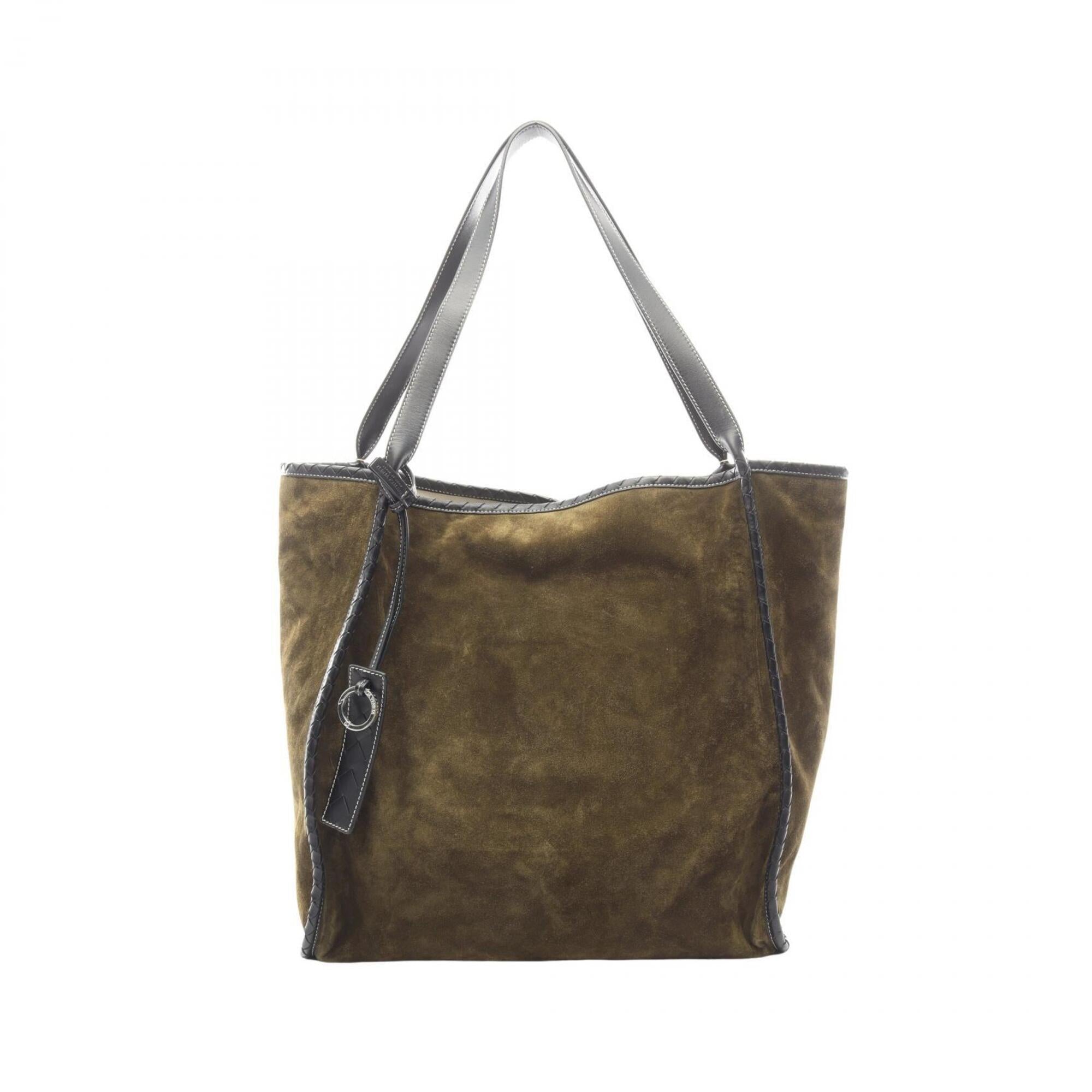 Bottega Veneta Black Khaki White Canvas Suede Leather Handbag Tote Bag (Pre-Owned)