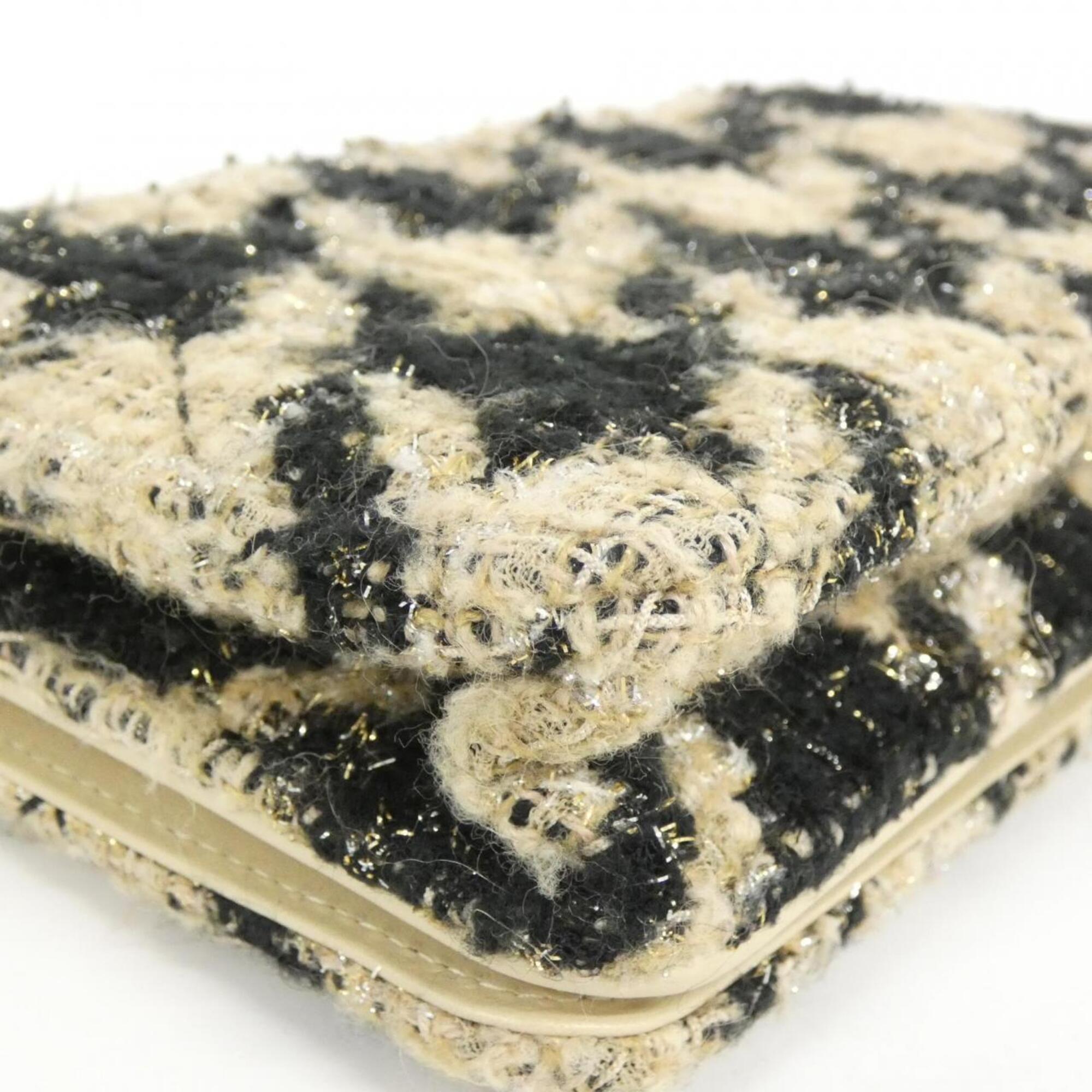 Chanel Gold Beige Black Tweed Chain/Shoulder Wallet (Pre-Owned)