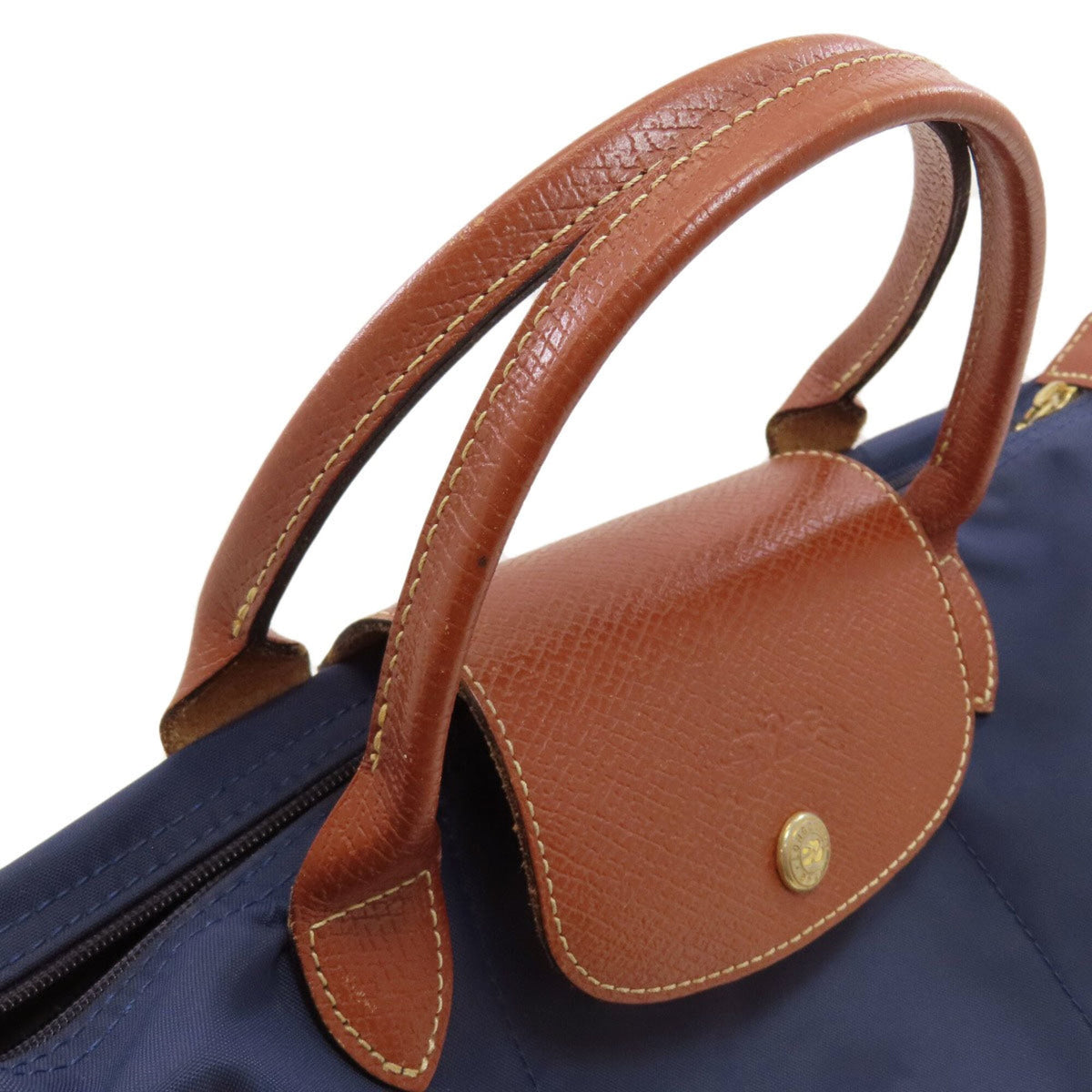 Longchamp Brown Navy Nylon Leather Handbag (Pre-Owned)