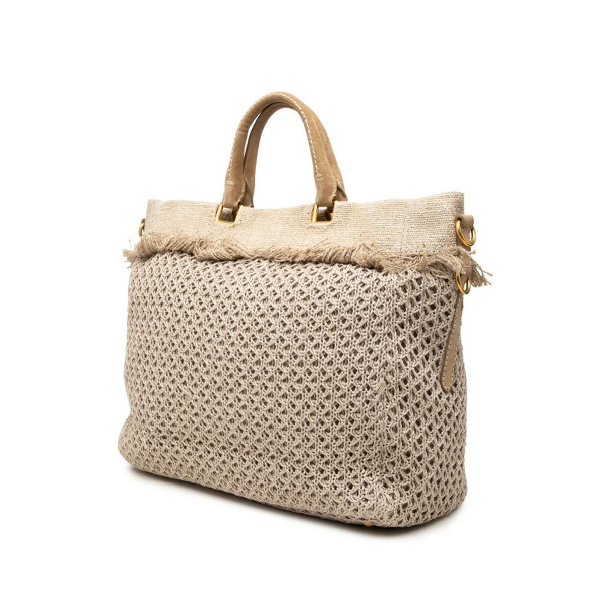 Prada Beige Cotton Linen Suede Shoulder Bag Tote Bag (Pre-Owned)