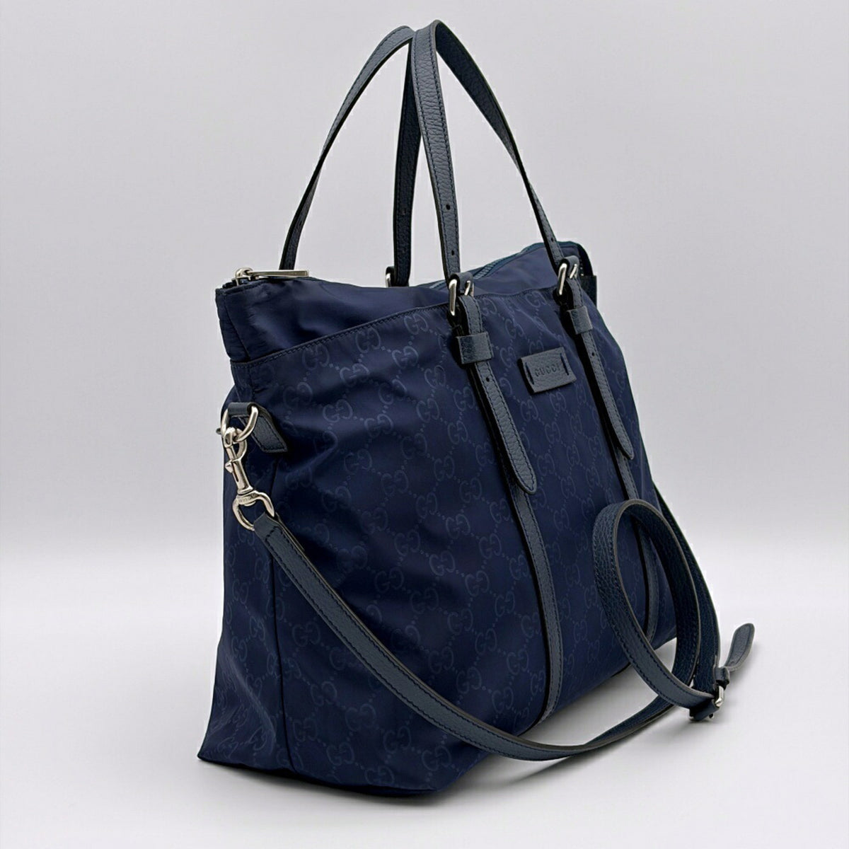 Gucci Navy Nylon Leather Tote Bag (Pre-Owned)
