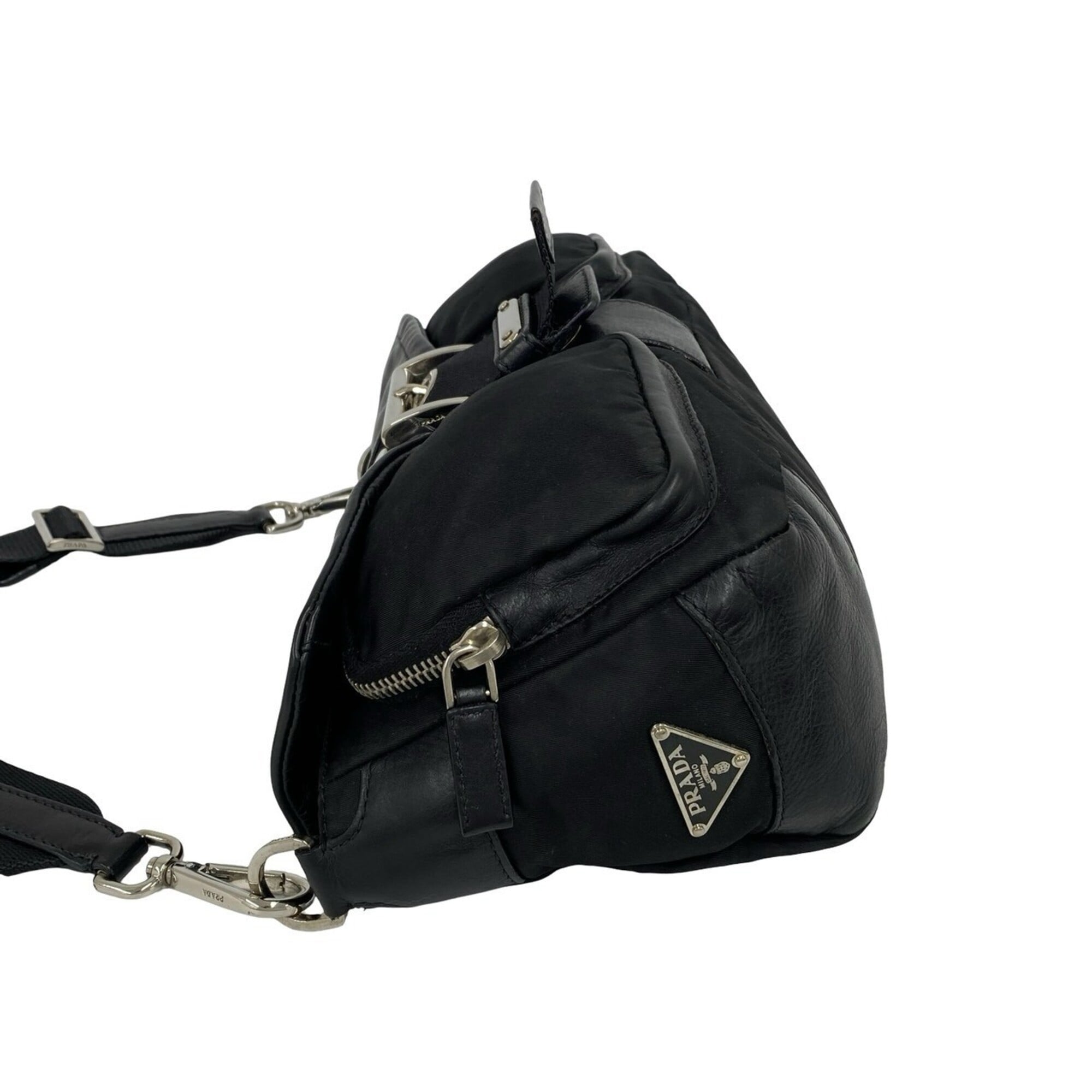Prada Black Leather Nylon Handbag Shoulder Bag (Pre-Owned)