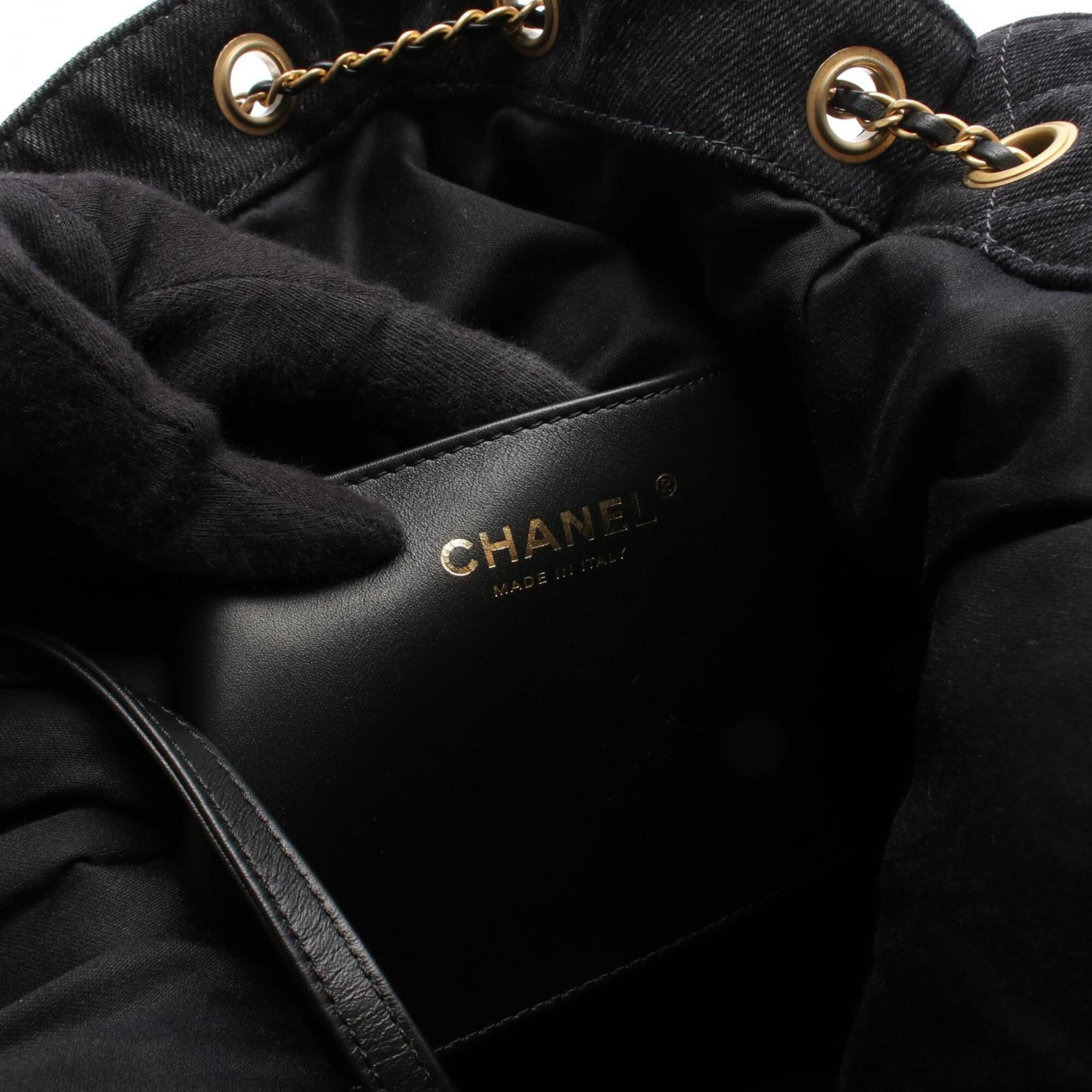 Chanel Black Denim Leather Handbag Shopping Bag Shoulder Bag (Pre-Owned)