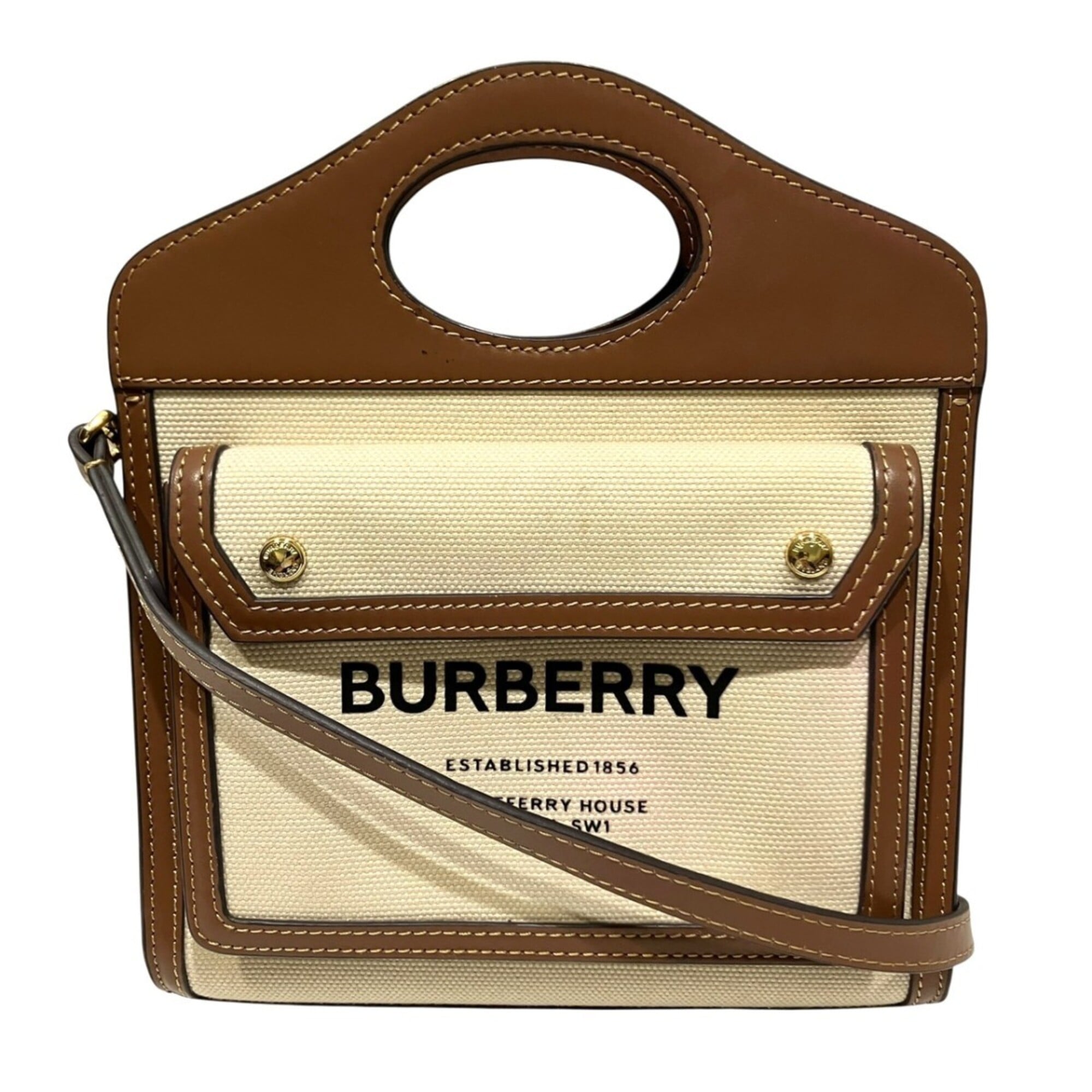 Burberry Brown White Canvas Leather Handbag (Pre-Owned)
