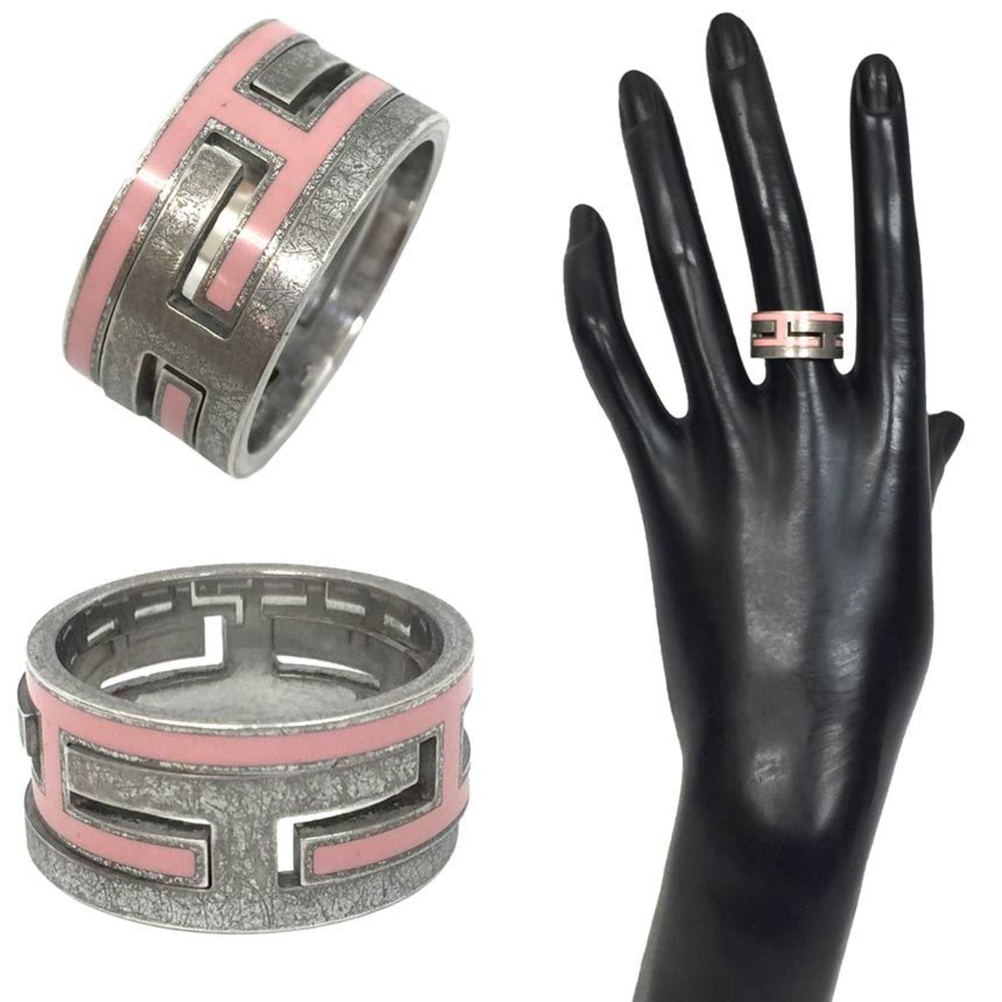 HERMES リング シルバー・ピンク Hermes Silver Pink Lacquer Silver 925 Band Ring (Pre-Owned)