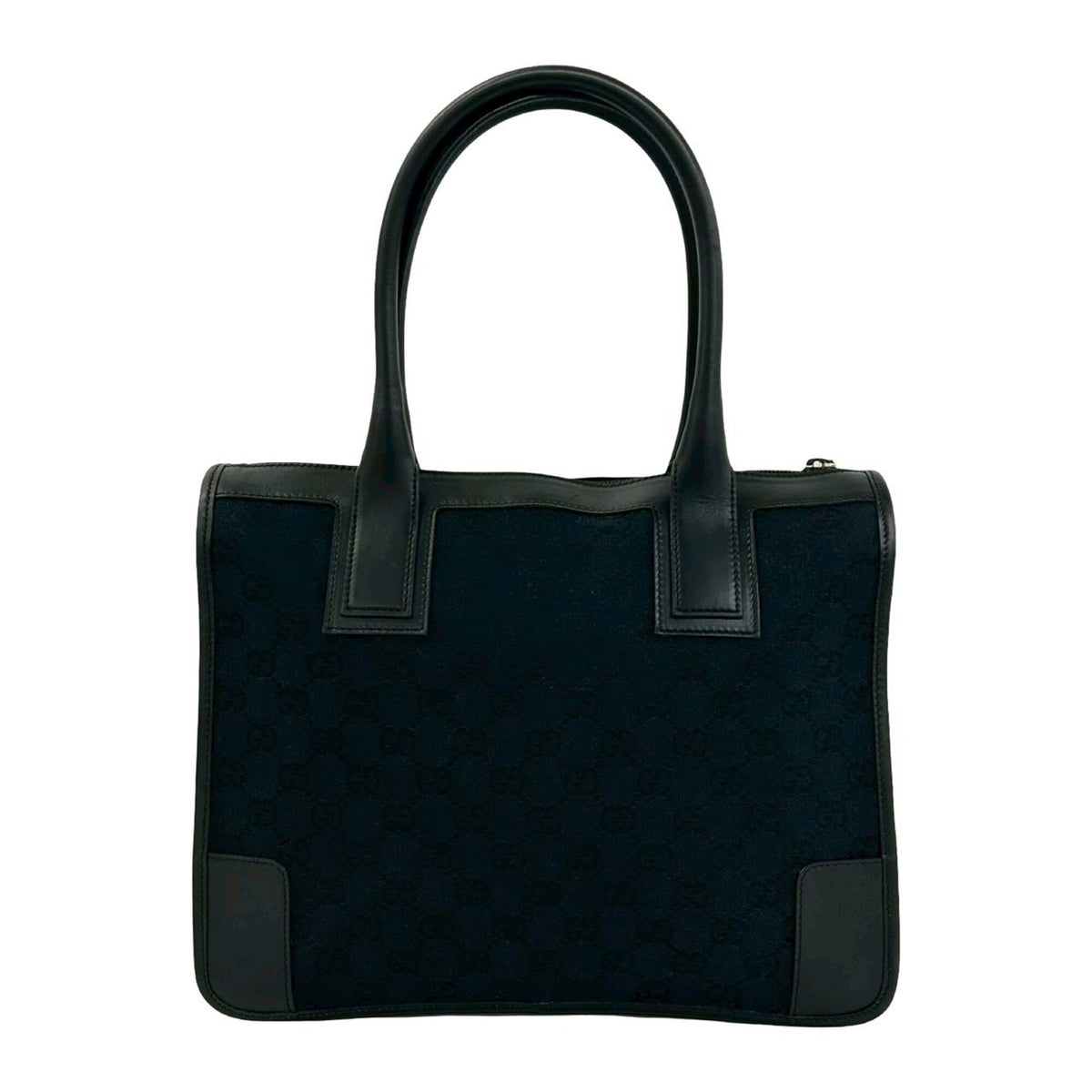 Gucci Black Dark Navy Leather Canvas Handbag Tote Bag (Pre-Owned)