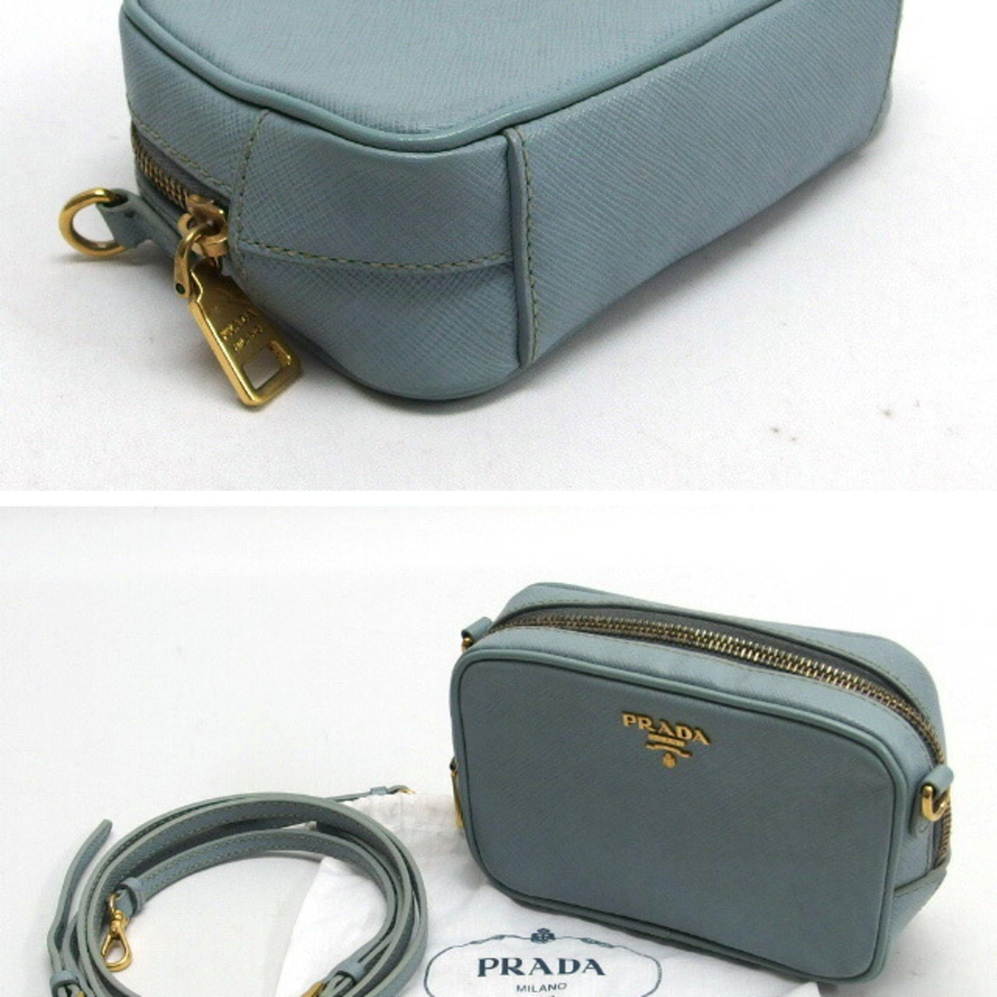 Prada Saffiano Light Blue Leather Pochette Shoulder Bag (Pre-Owned)