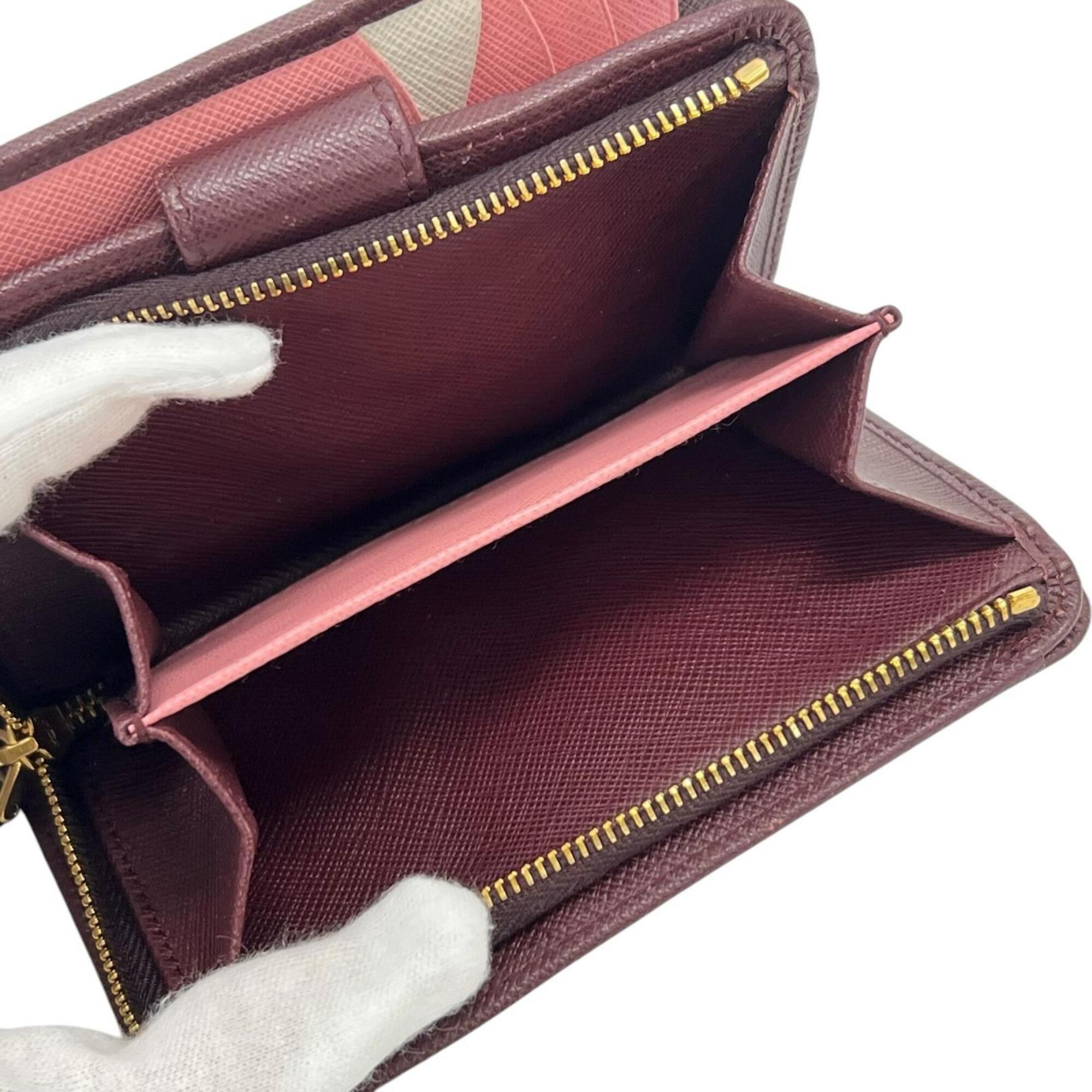 Prada Burgundy Ivory Pink Saffiano Metal Wallet (Bi-Fold) (Pre-Owned)