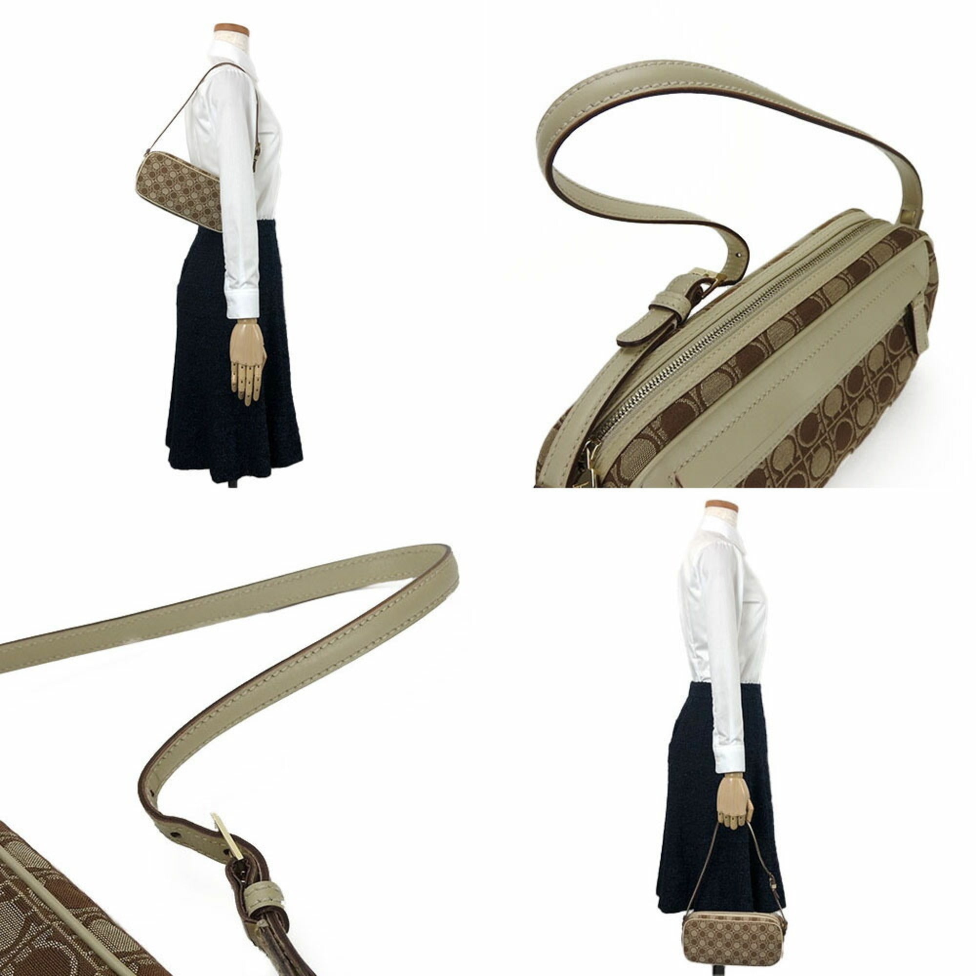 Salvatore Ferragamo Gancini Beige Brown Canvas Leather Shoulder Bag (Pre-Owned)