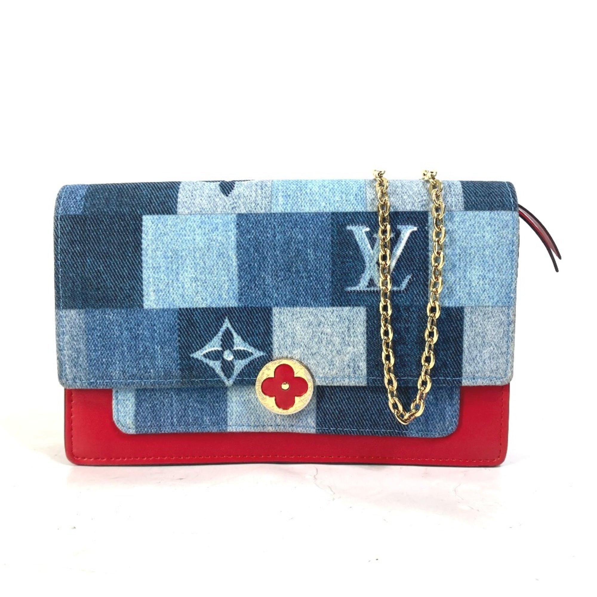 Louis Vuitton Monogram Denim Blue Red Color Monogram Denim Chain/Shoulder Wallet (Pre-Owned)