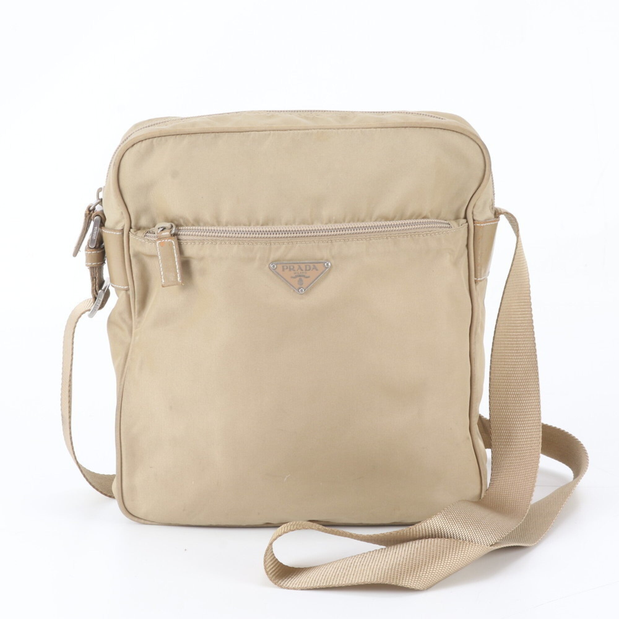 Prada Beige Leather Nylon Handbag Shoulder Bag Tote Bag (Pre-Owned)