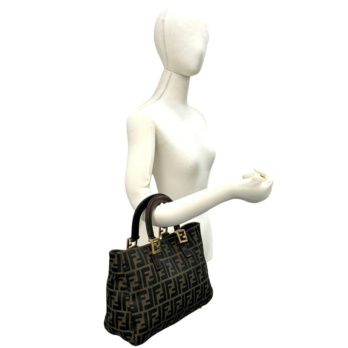 Fendi Black Brown Canvas Leather Handbag Tote Bag (Pre-Owned)