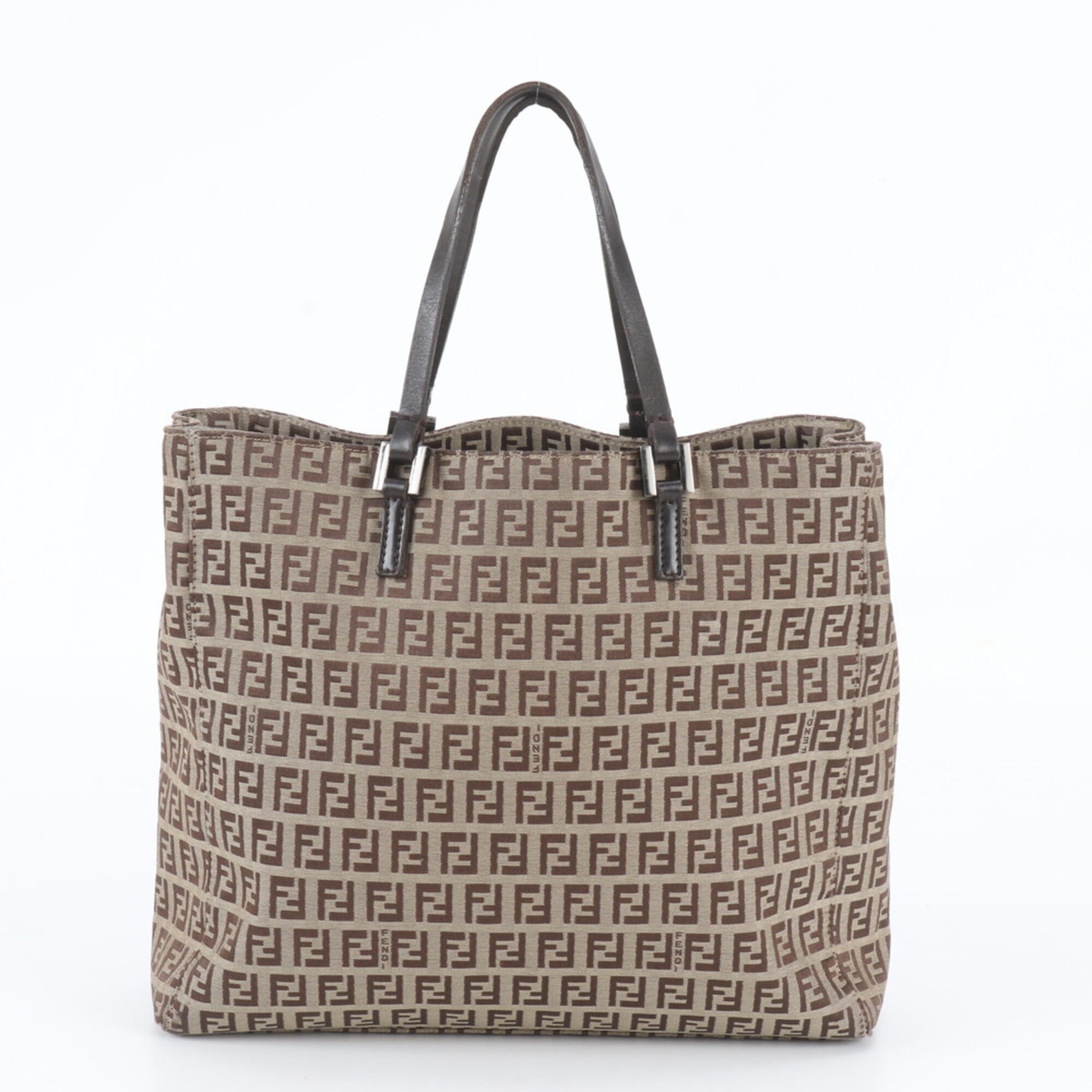 Fendi Brown Leather Canvas Handbag Shoulder Bag Tote Bag (Pre-Owned)