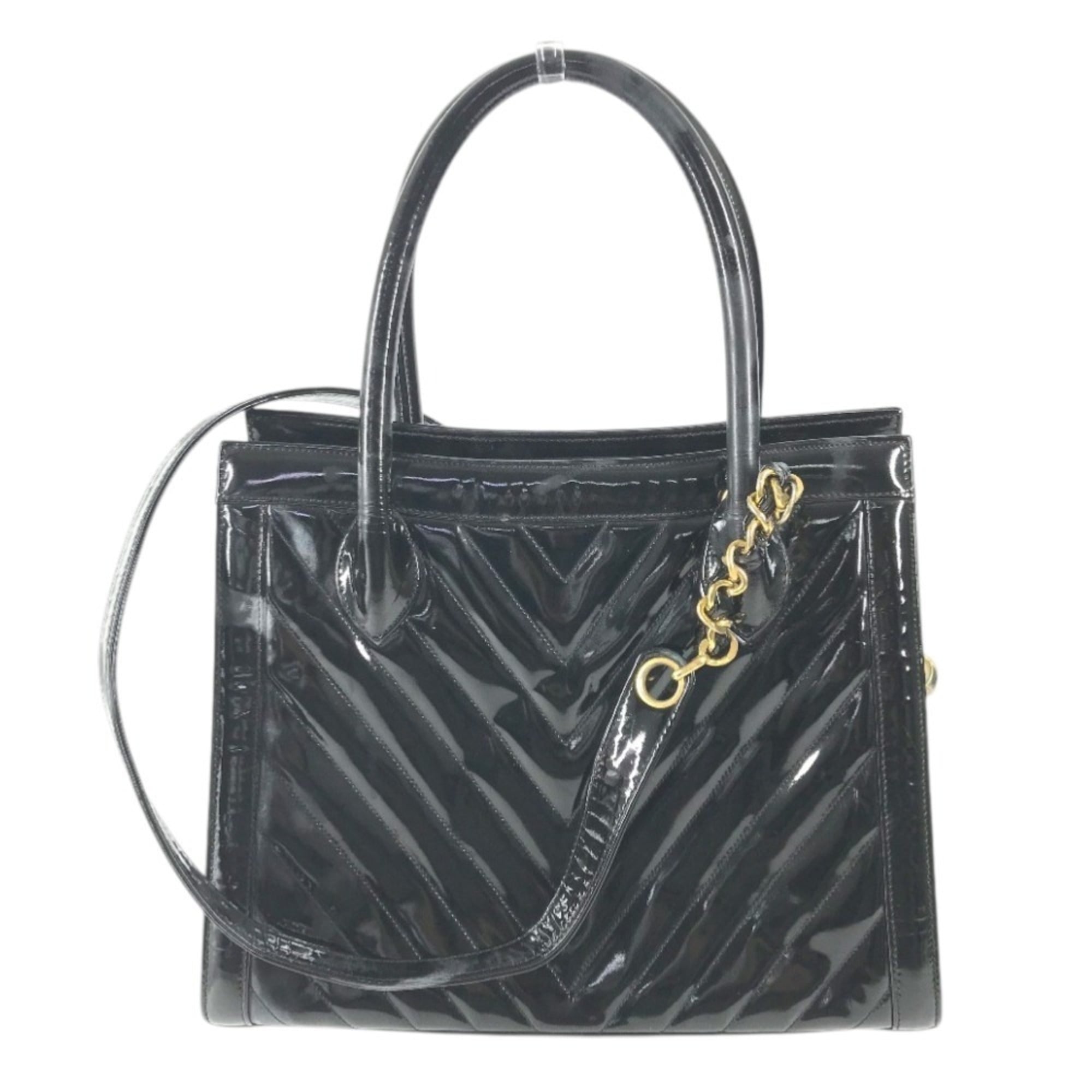 Chanel Black Gold Patent Leather Handbag Shoulder Bag Tote Bag (Pre-Owned)
