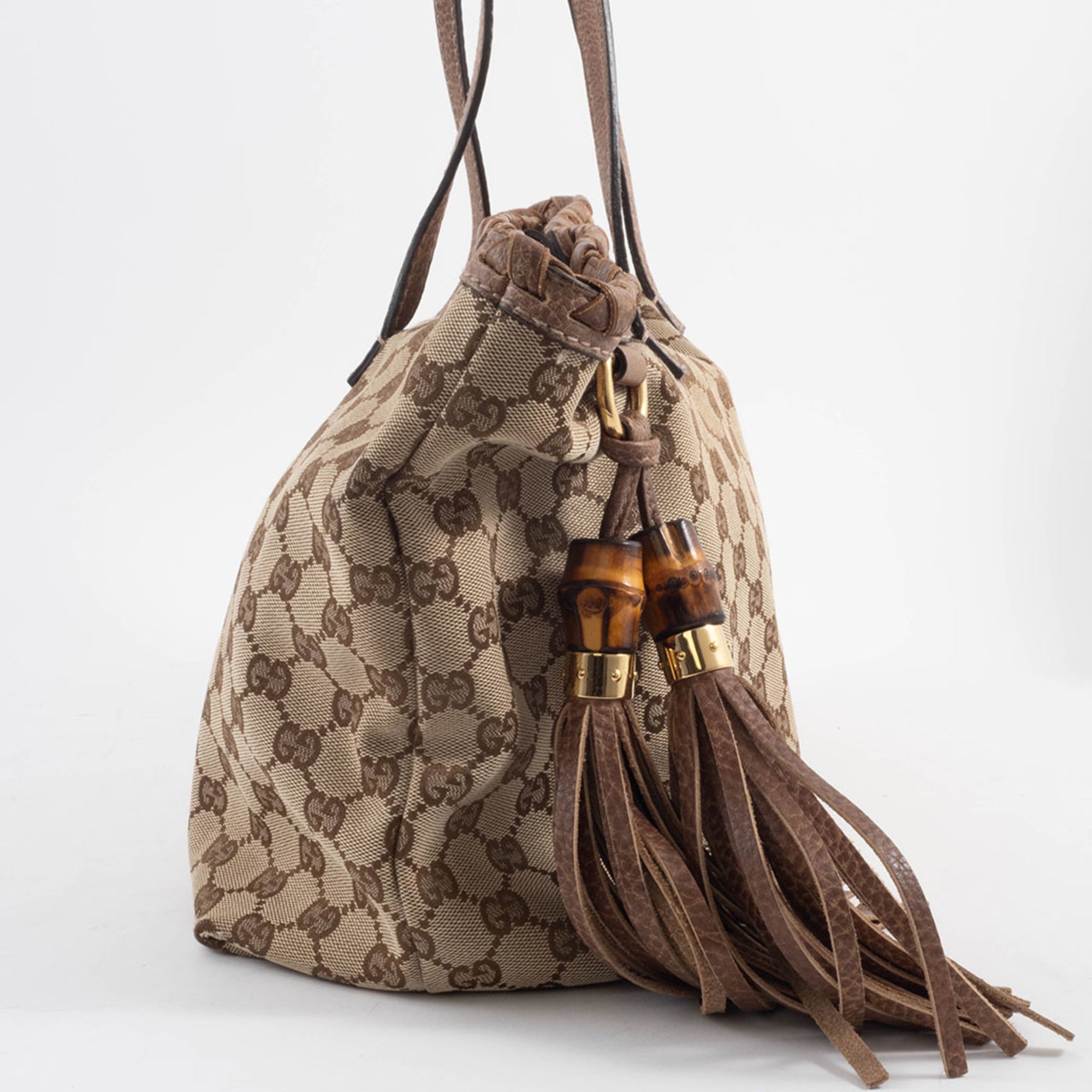 Gucci Gg Canvas Beige Brown Gg Canvas Leather Tote Bag (Pre-Owned)