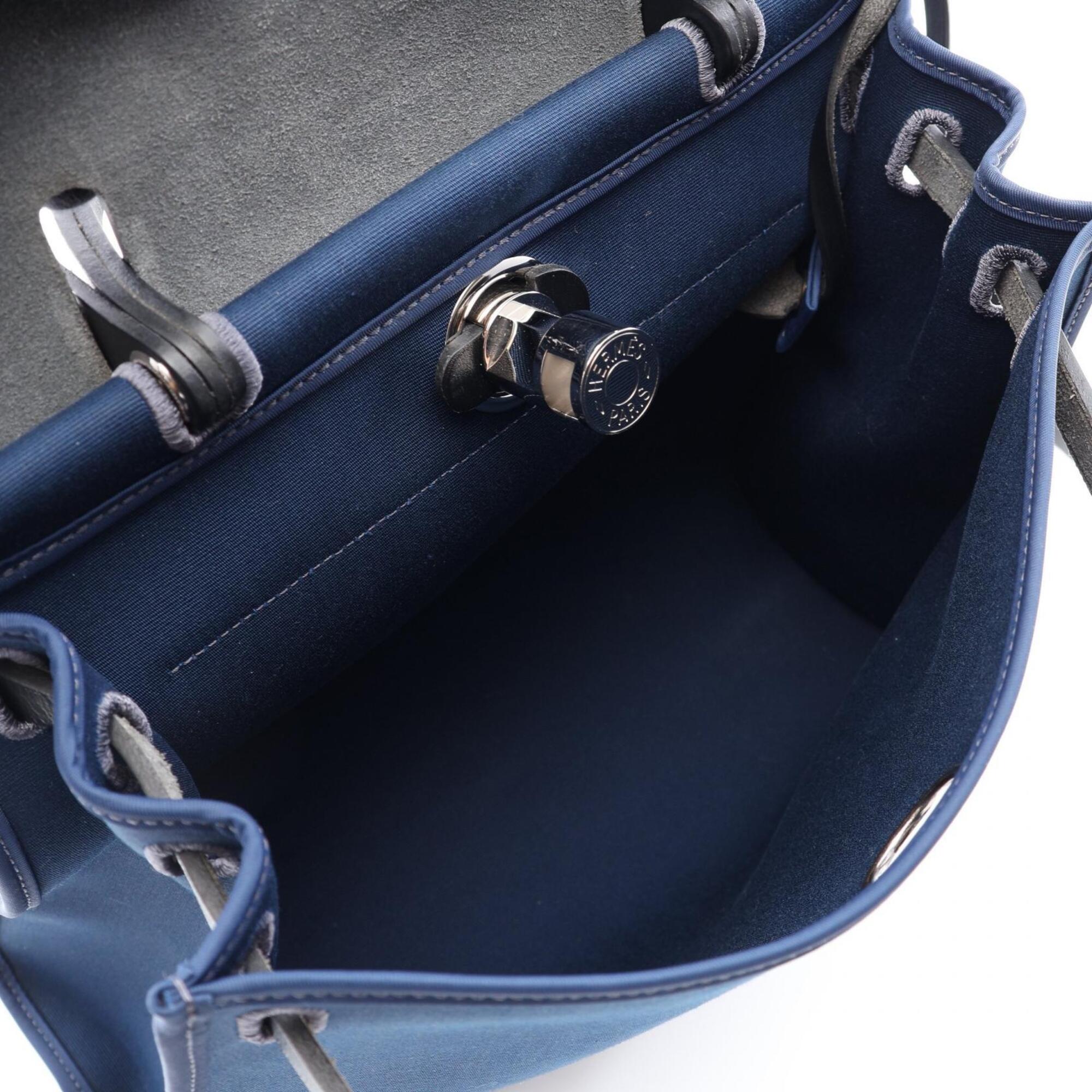 Hermes Black Navy Canvas Leather Handbag (Pre-Owned)