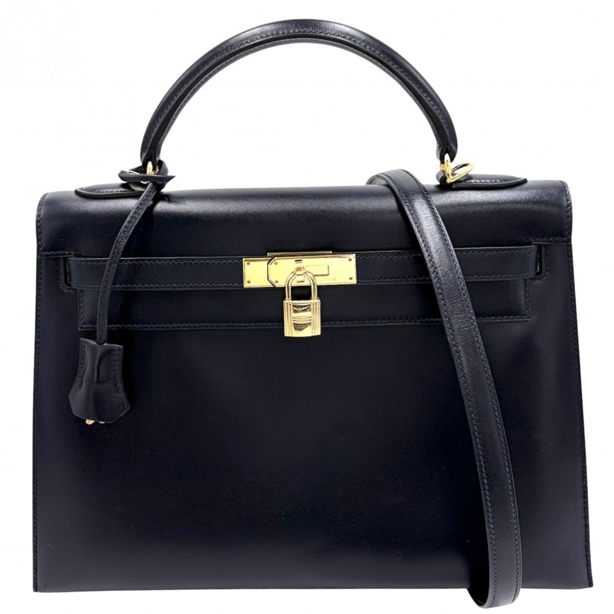 Hermes Kelly Navy Box Calf Leather Handbag Shoulder Bag (Pre-Owned)