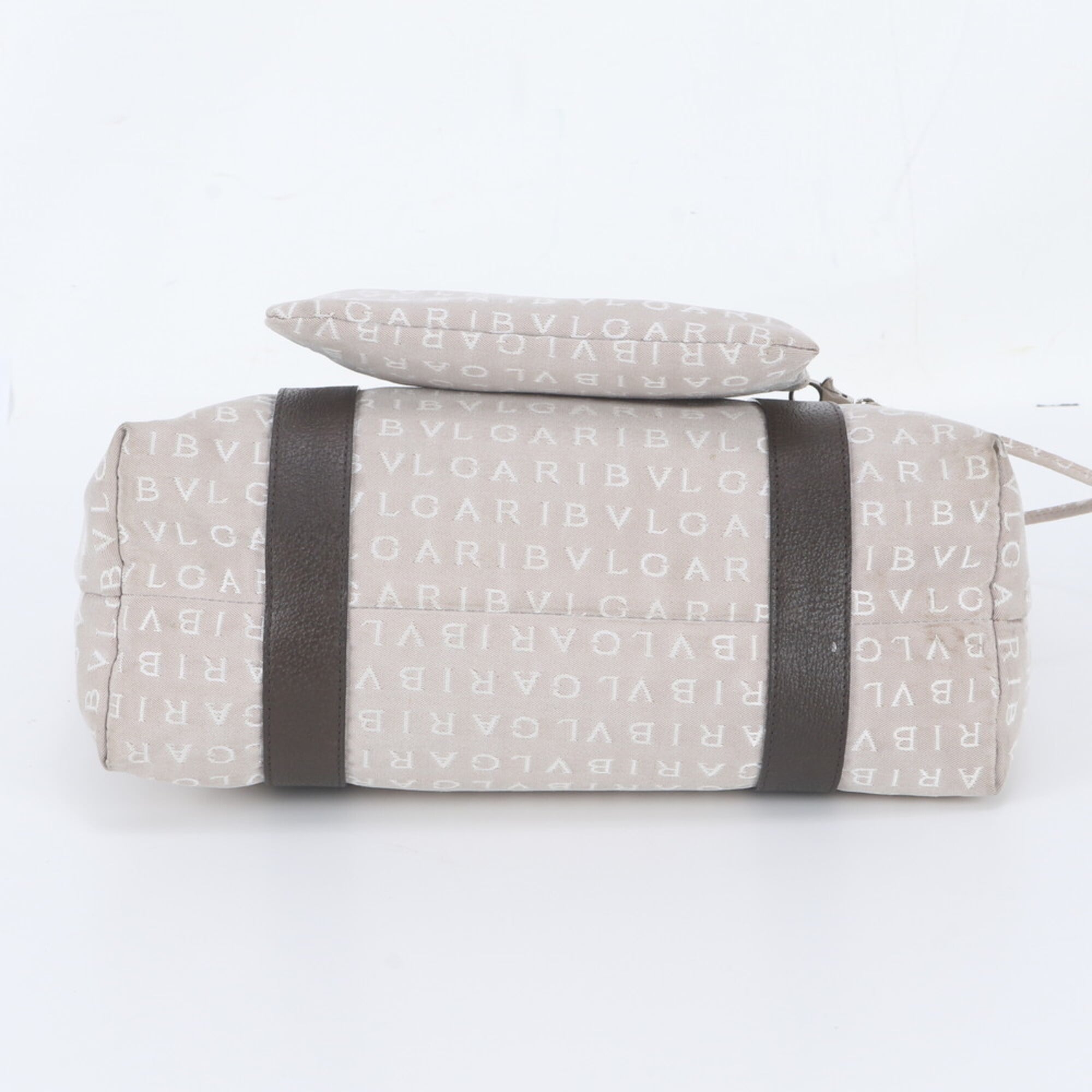 Bvlgari Beige Leather Canvas Handbag Pouch Shoulder Bag Tote Bag (Pre-Owned)