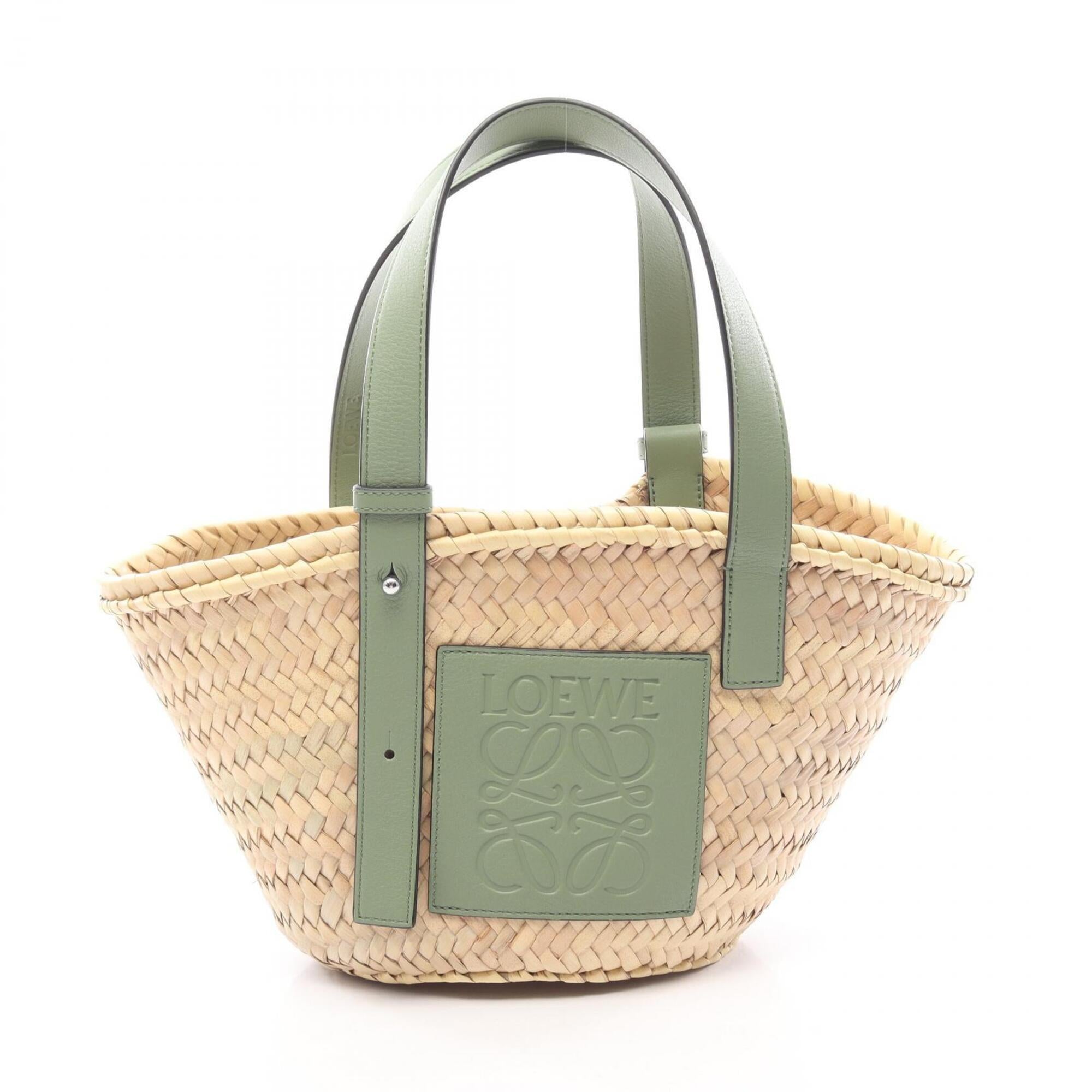 Loewe Beige Green Leather Raffia Basket Handbag (Pre-Owned)