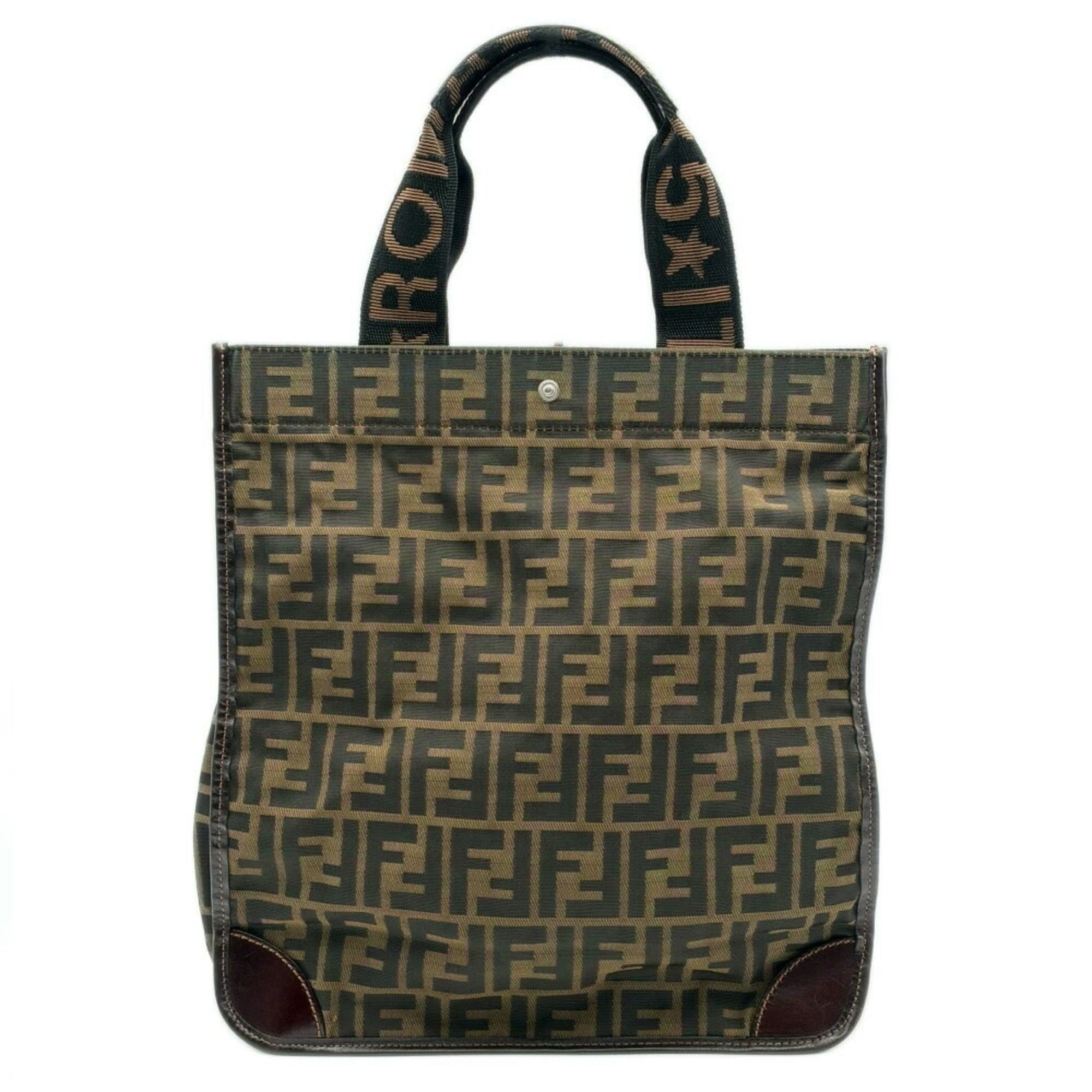 Fendi Zucchino Black Brown Dark Brown Zucchino Canvas Leather Tote Bag (Pre-Owned)
