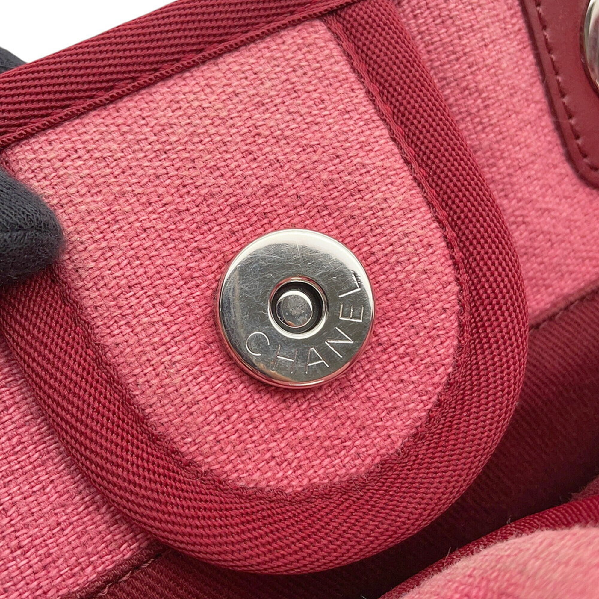 Chanel Pink Red Canvas Leather Handbag Tote Bag (Pre-Owned)