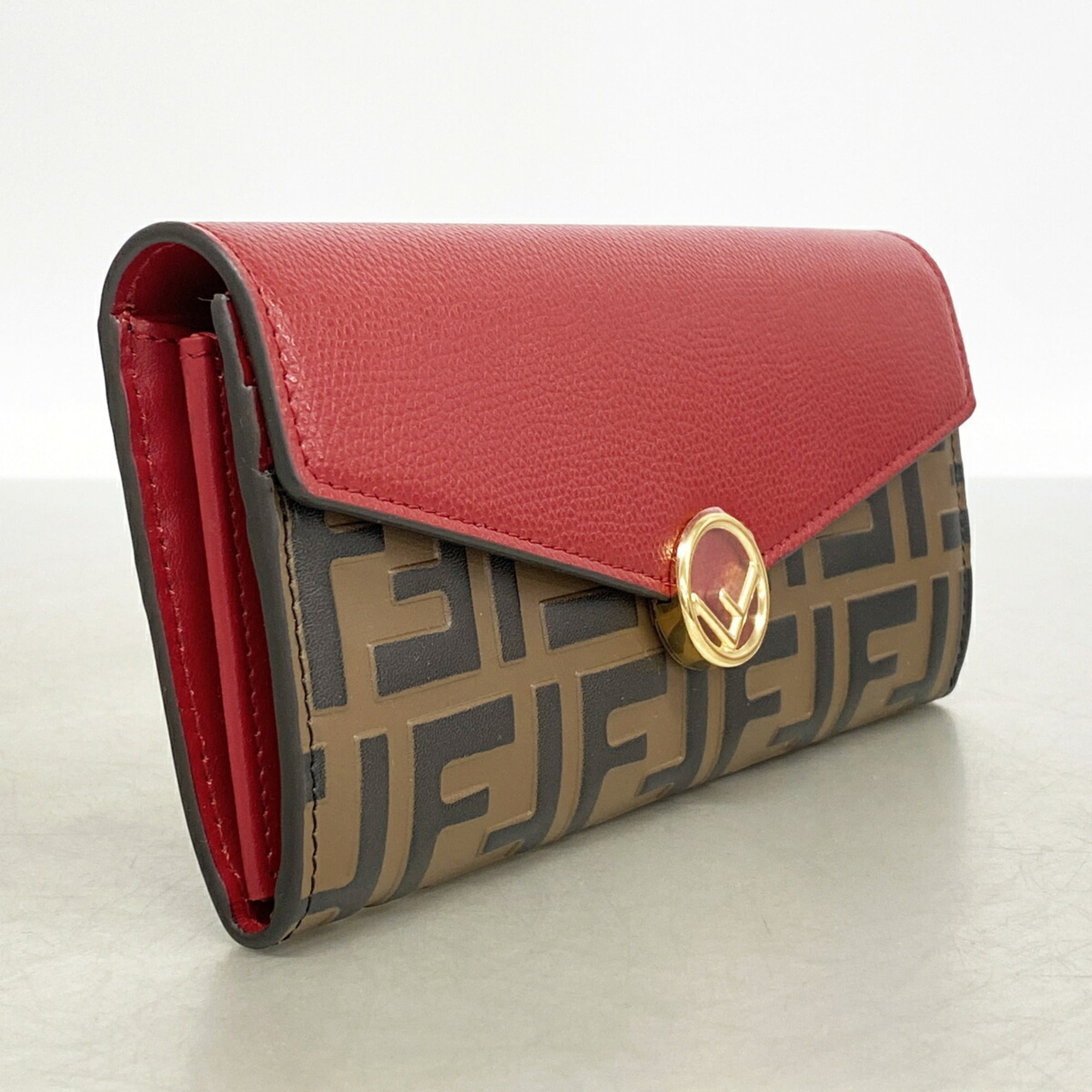 Fendi Brown Red Color Leather Long Wallet (Bi-Fold) (Pre-Owned)