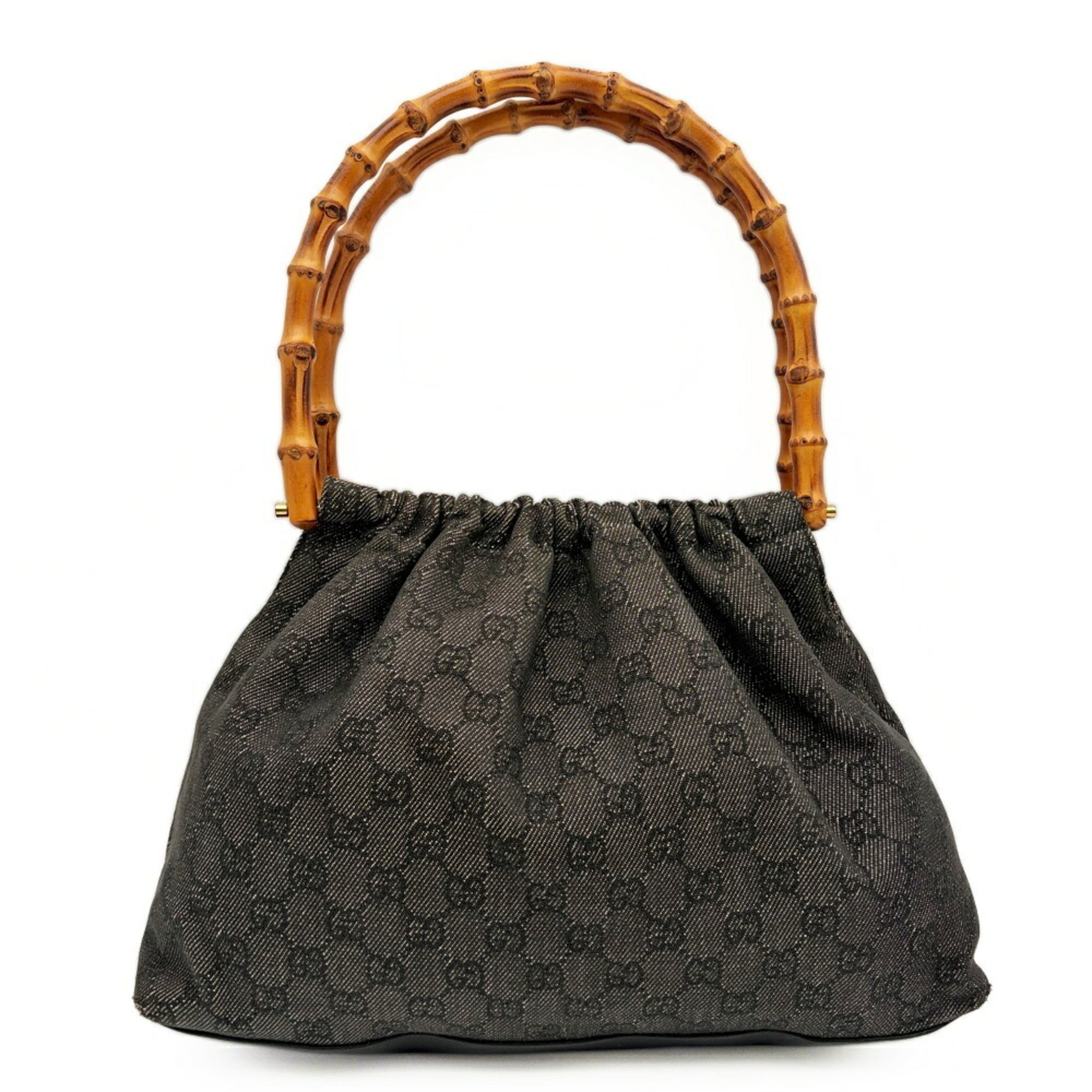 Gucci Black Dark Gray Bamboo Gg Canvas Leather Shoulder Bag Tote Bag (Pre-Owned)